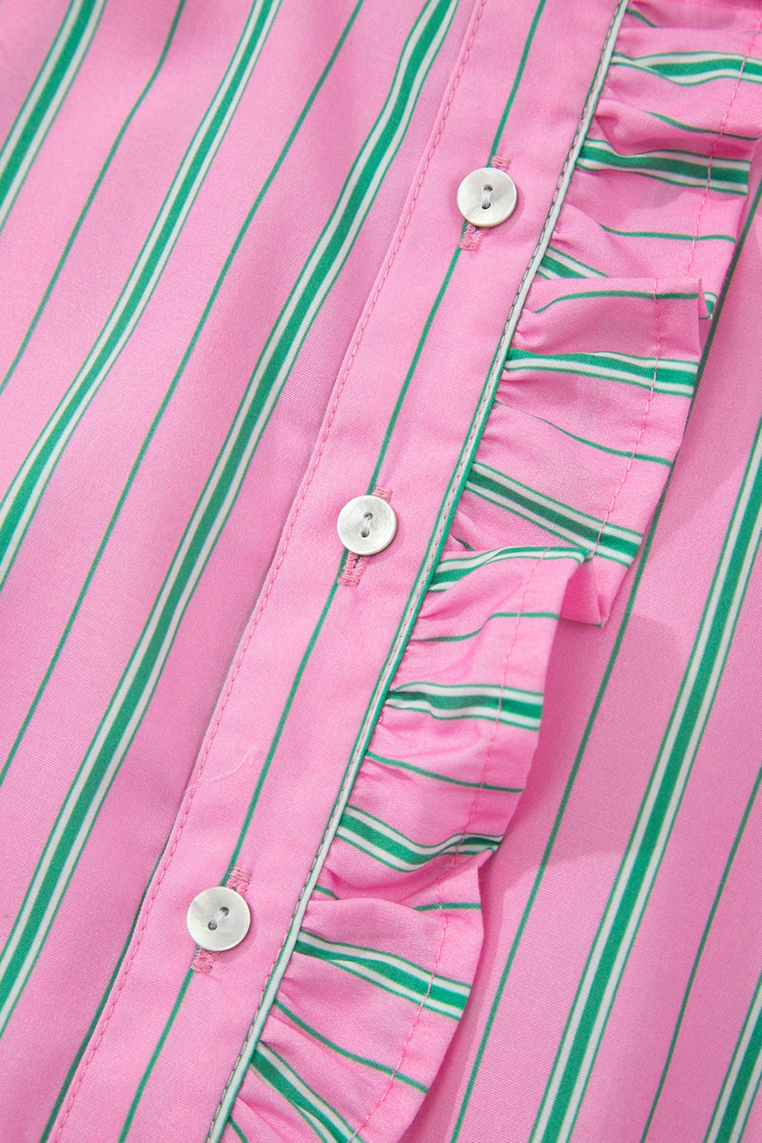 Pink Stripe Ruffle Trim Half Button Short Puff Sleeve Blouse