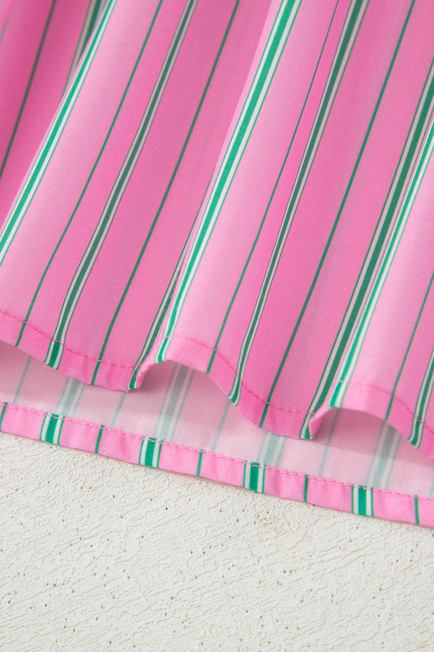 Pink Stripe Ruffle Trim Half Button Short Puff Sleeve Blouse