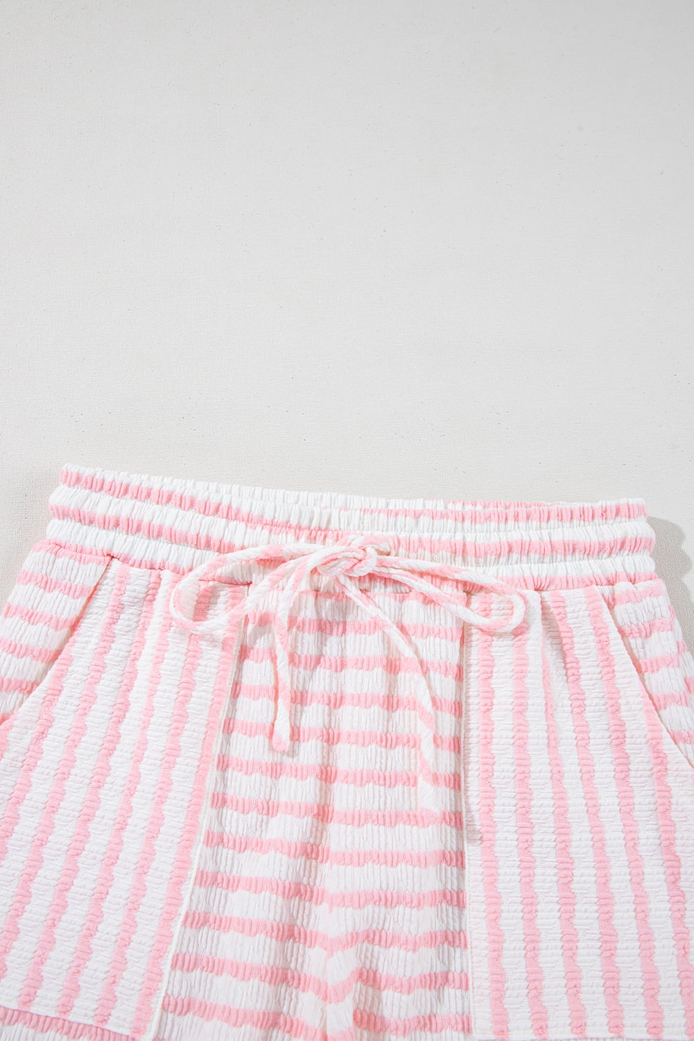 Pink Stripe Knitted Short Sleeve Top and Drawstring Shorts Set
