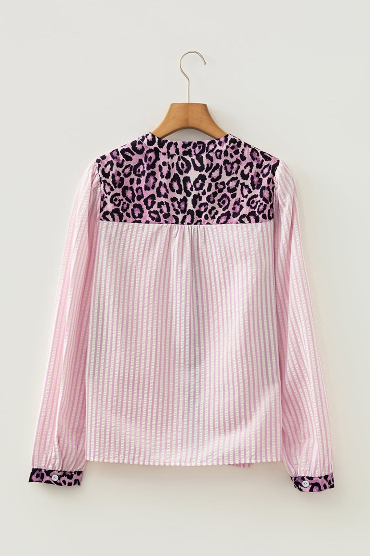 Pink Stripe Leopard Patchwork Long Sleeve Shirt