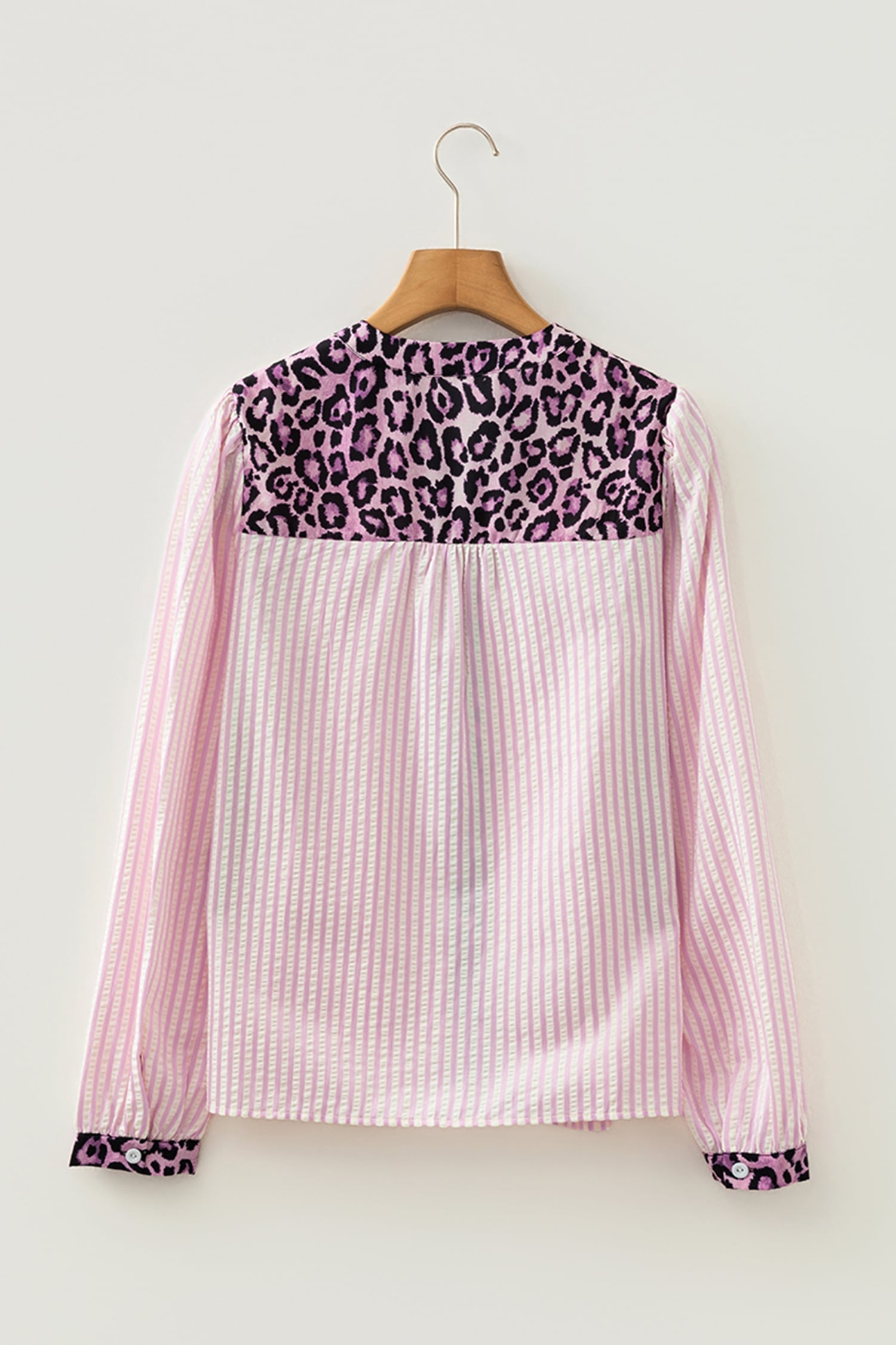 Pink Stripe Leopard Patchwork Long Sleeve Shirt