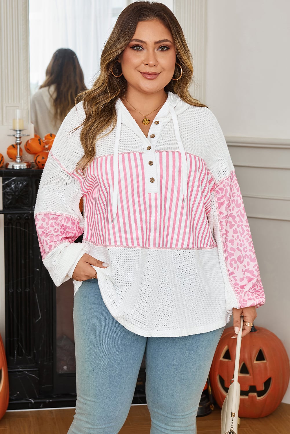 Pink Stripe Leopard Patchwork Waffle Knit Buttoned Plus Size Hoodie