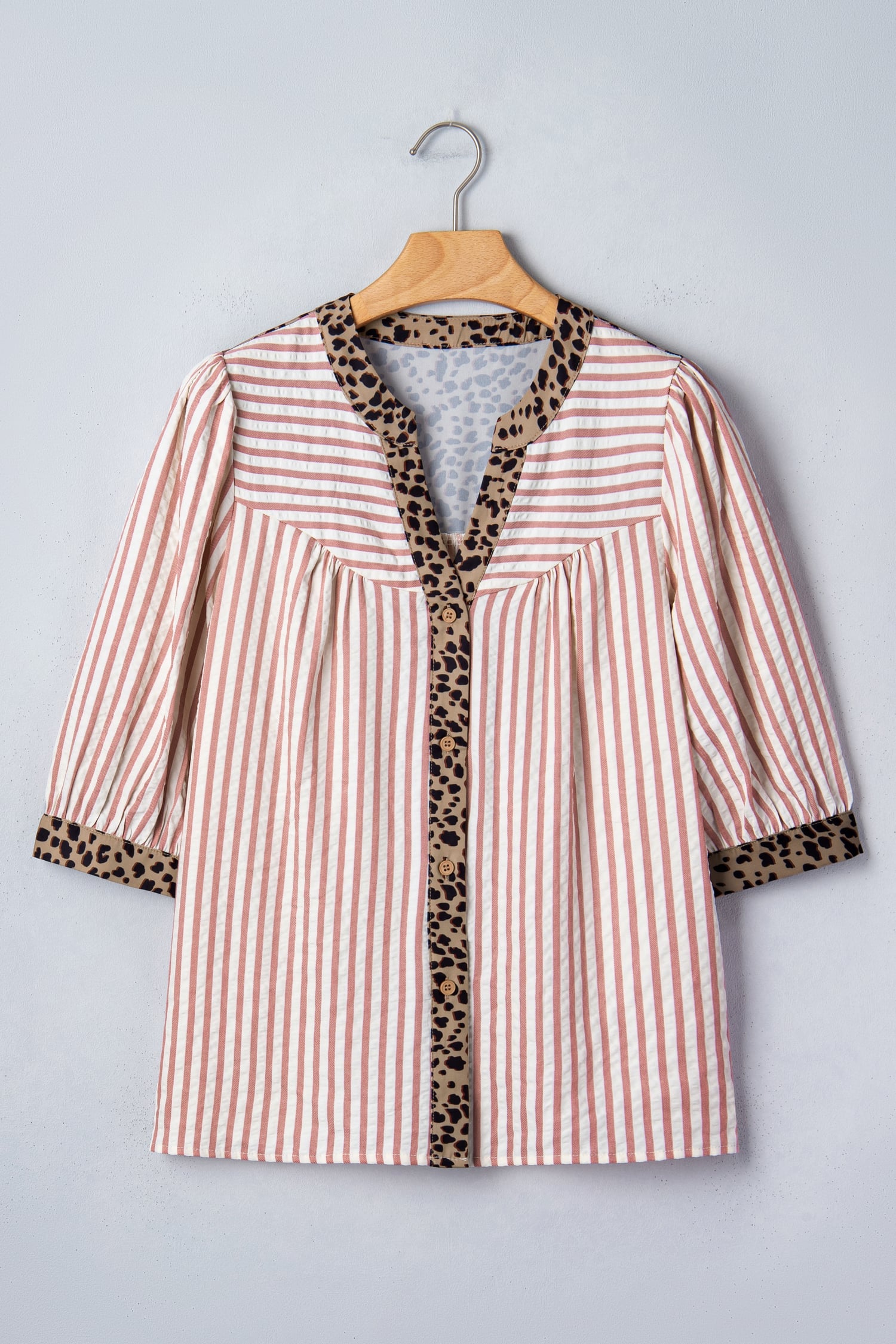 Pink Stripe Leopard Trim V Neck Button Down Half Sleeve Shirt