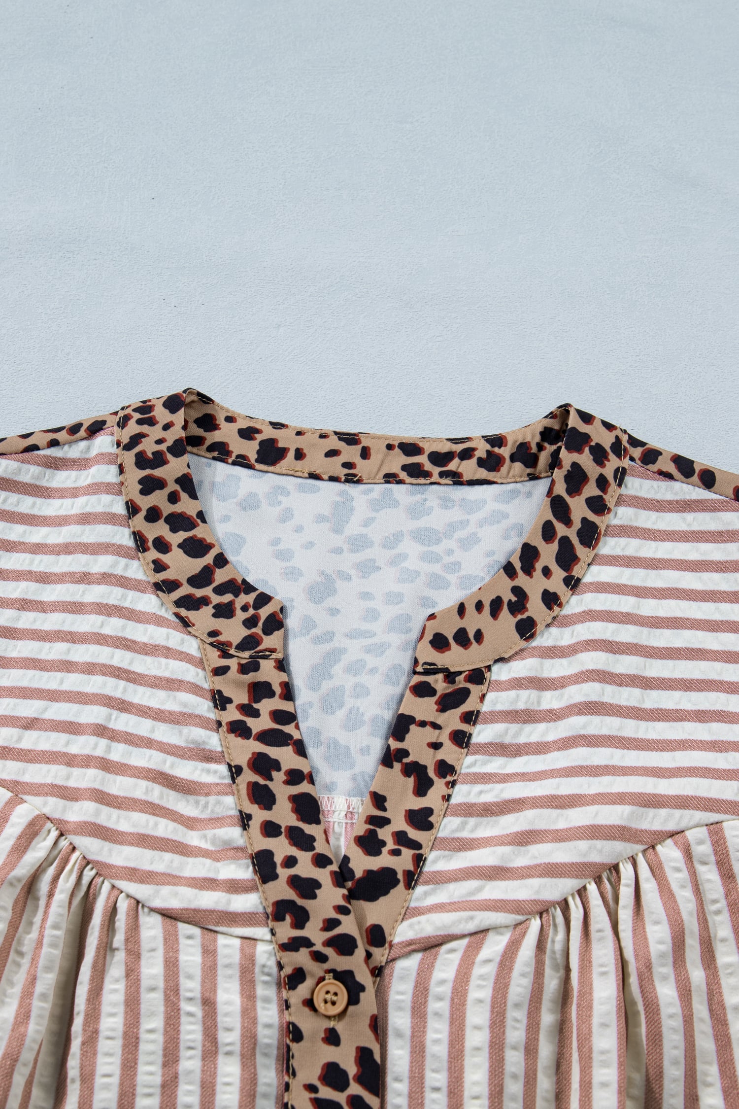 Pink Stripe Leopard Trim V Neck Button Down Half Sleeve Shirt