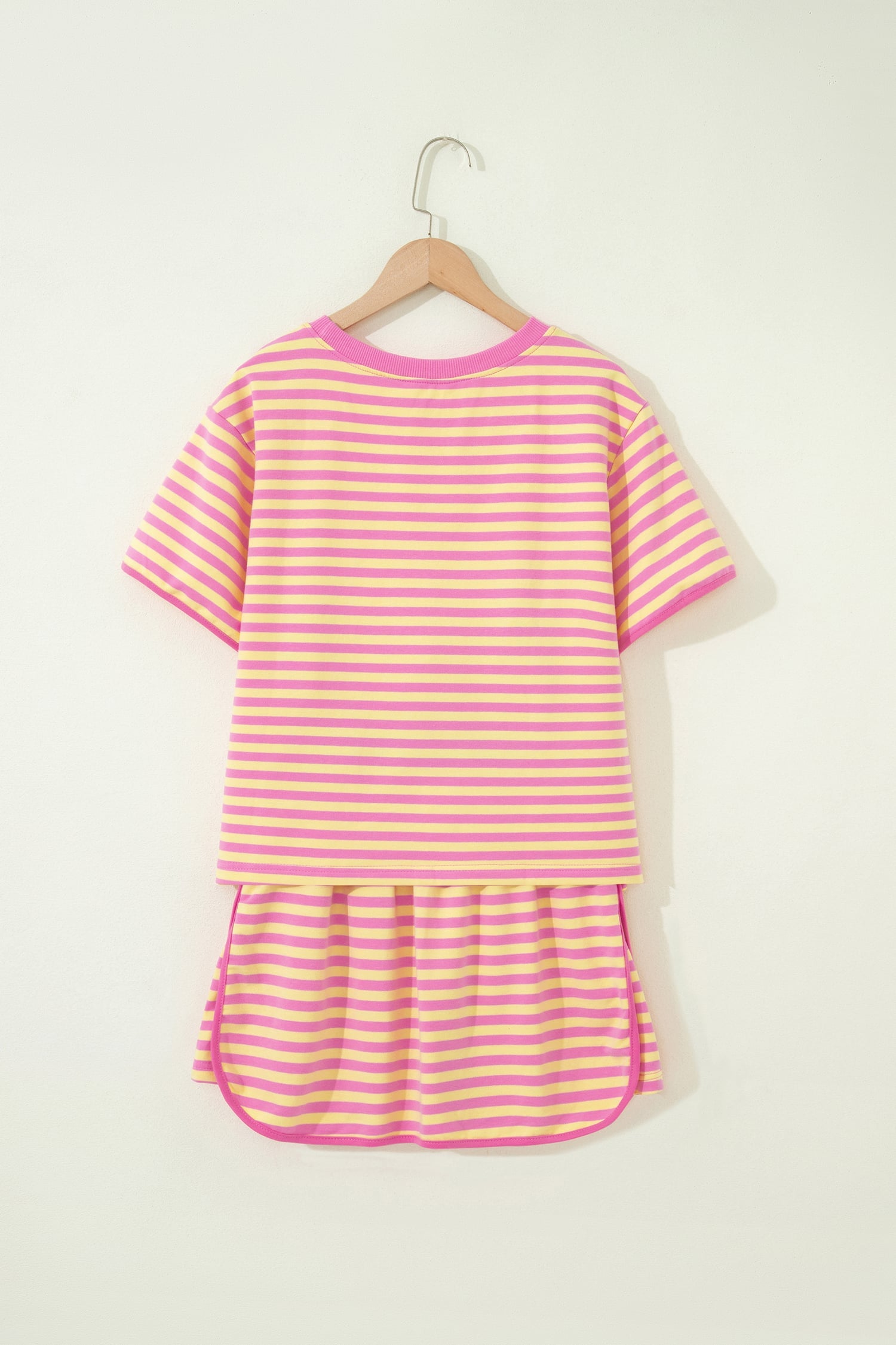 Pink Stripe Relaxed Short Sleeve Top Elastic Waist Drawstring Skort 2pcs Set