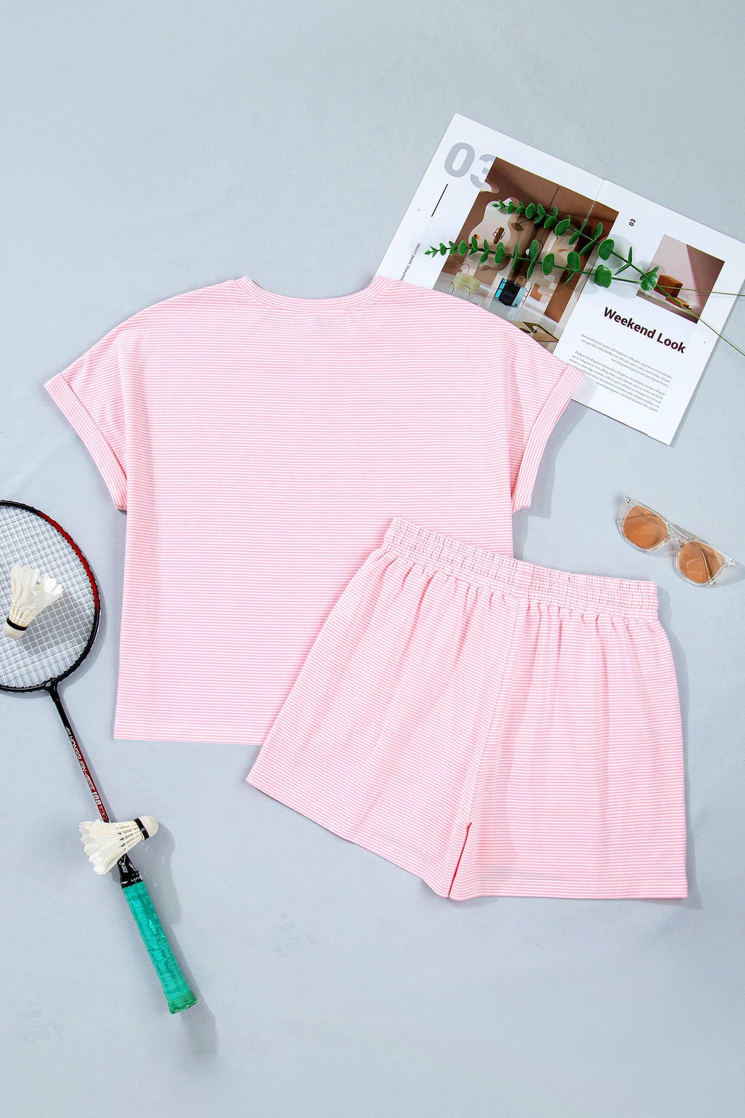 Pink Stripe Matching Oversized Tee and Drawstring Shorts Set
