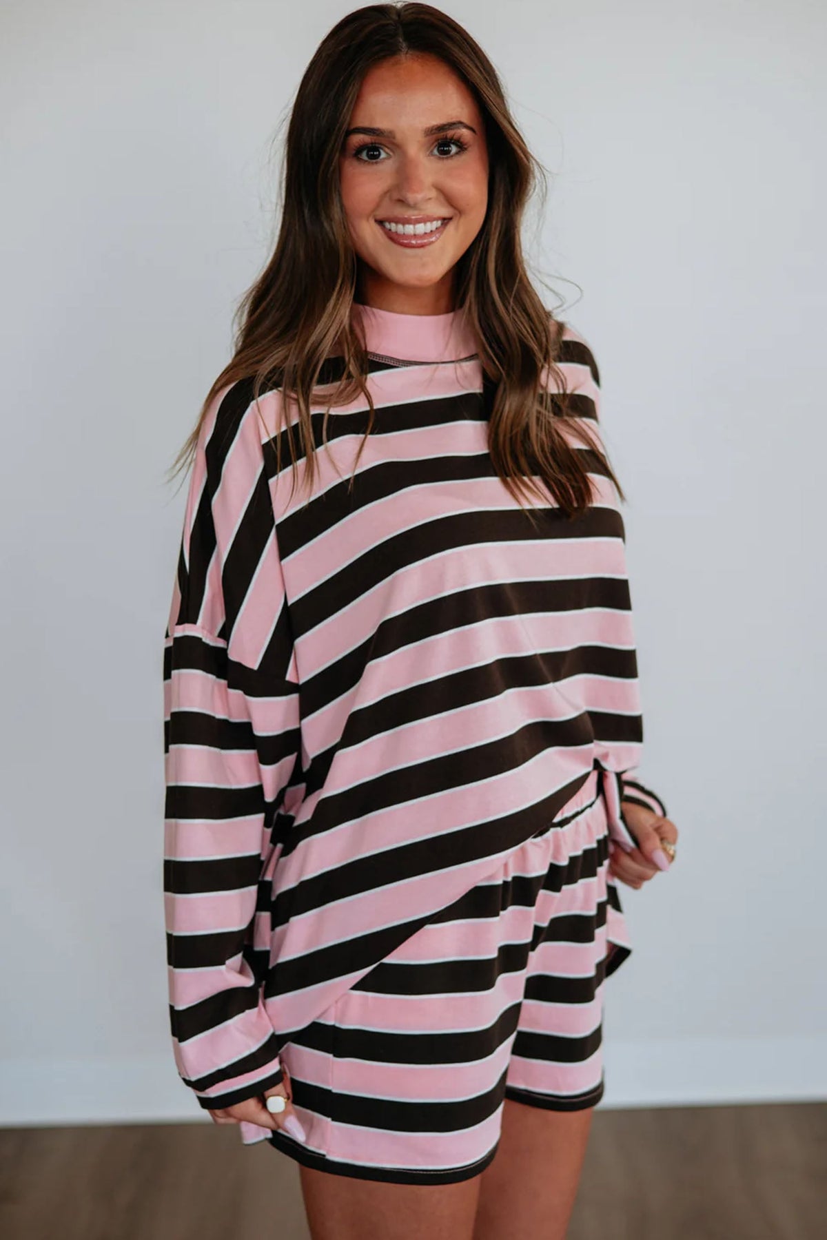 Pink Stripe Oversized Long Sleeve Top Elastic Waist Shorts Casual 2pcs Set