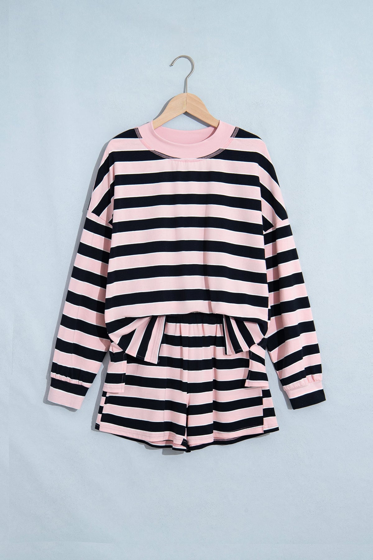 Pink Stripe Oversized Long Sleeve Top Elastic Waist Shorts Casual 2pcs Set