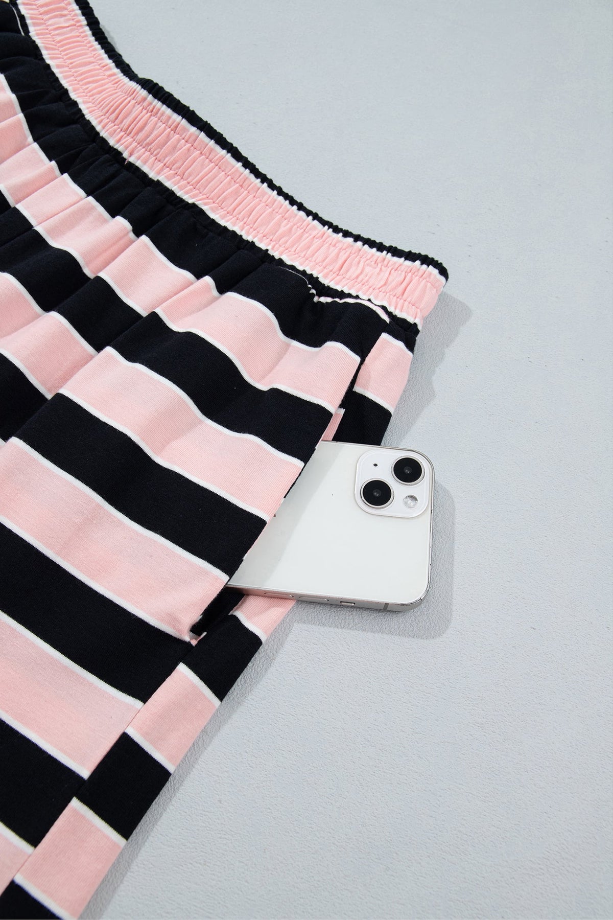 Pink Stripe Oversized Long Sleeve Top Elastic Waist Shorts Casual 2pcs Set