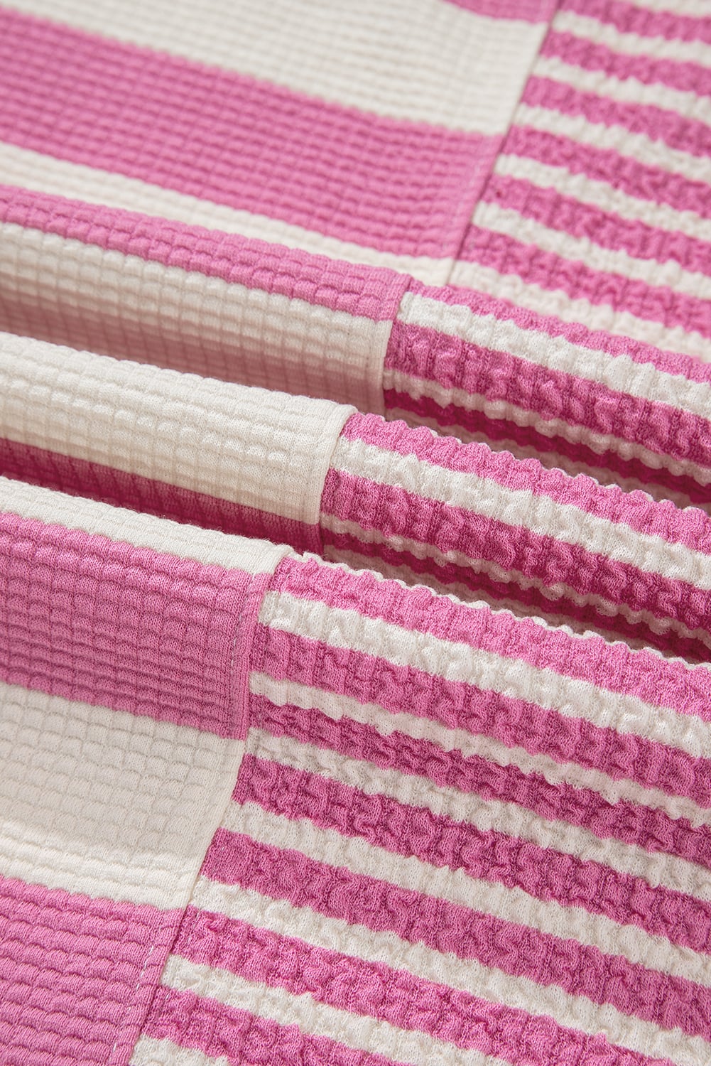 Pink Stripe Patchwork Textured Short Sleeve High Low Loose Top