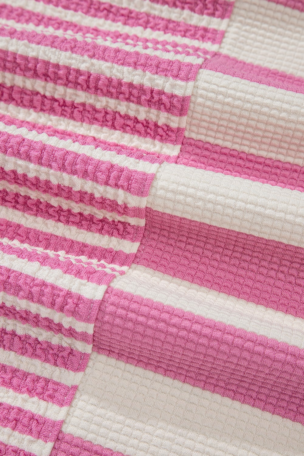 Pink Stripe Patchwork Textured Short Sleeve High Low Loose Top