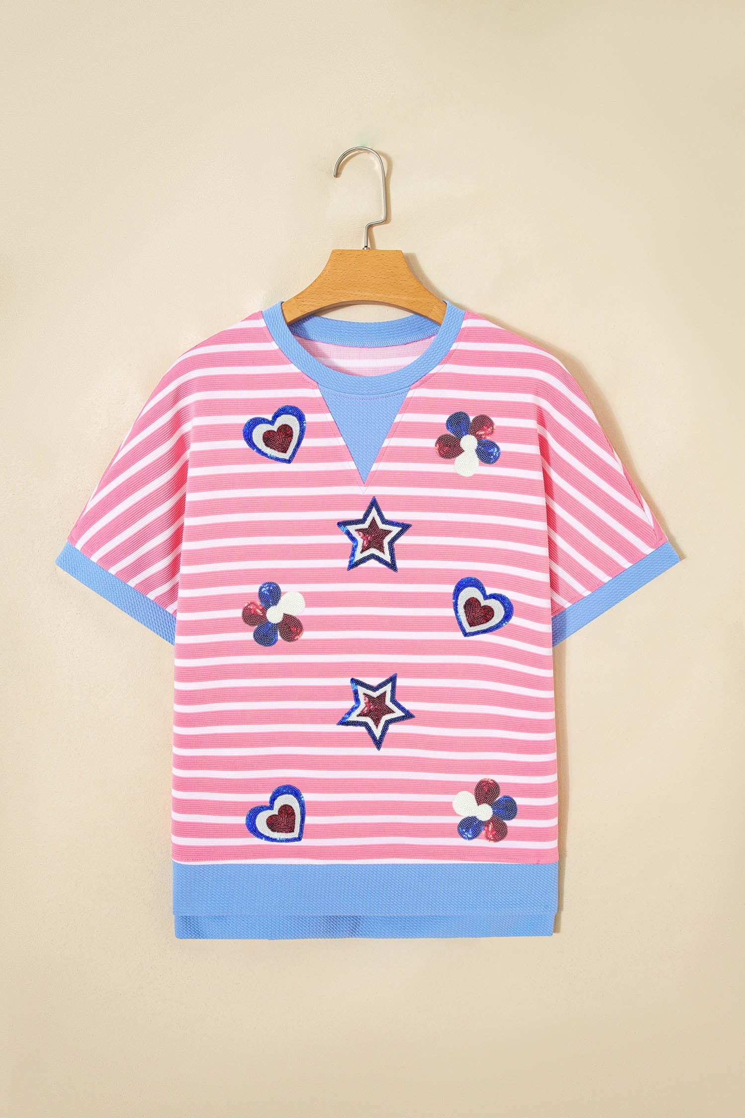 Pink Stripe Patriotic Sequin Patch Short Sleeve Loose Top