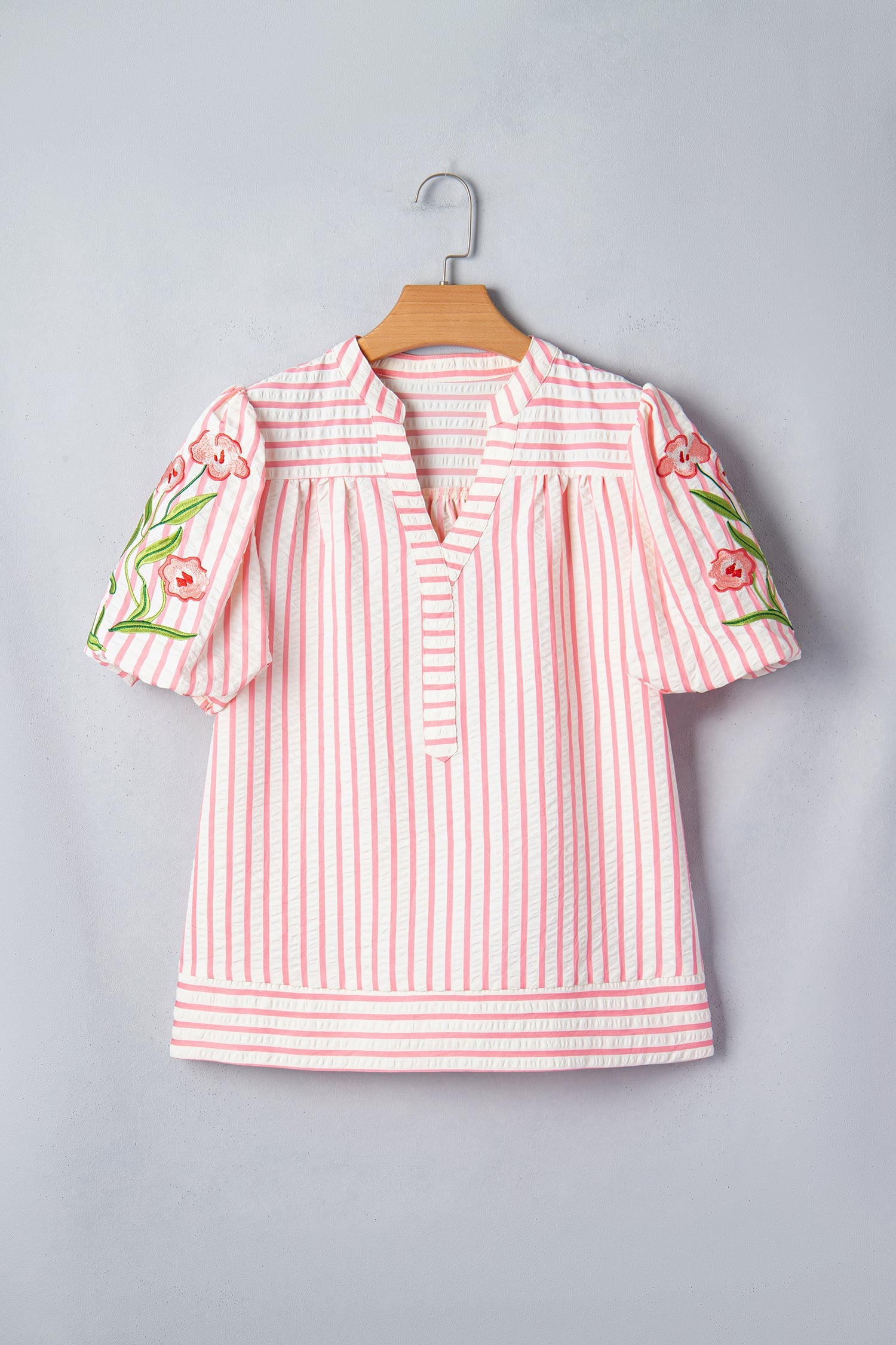 Pink Stripe Print Floral Embroidered Puff Sleeve V Neck Blouse