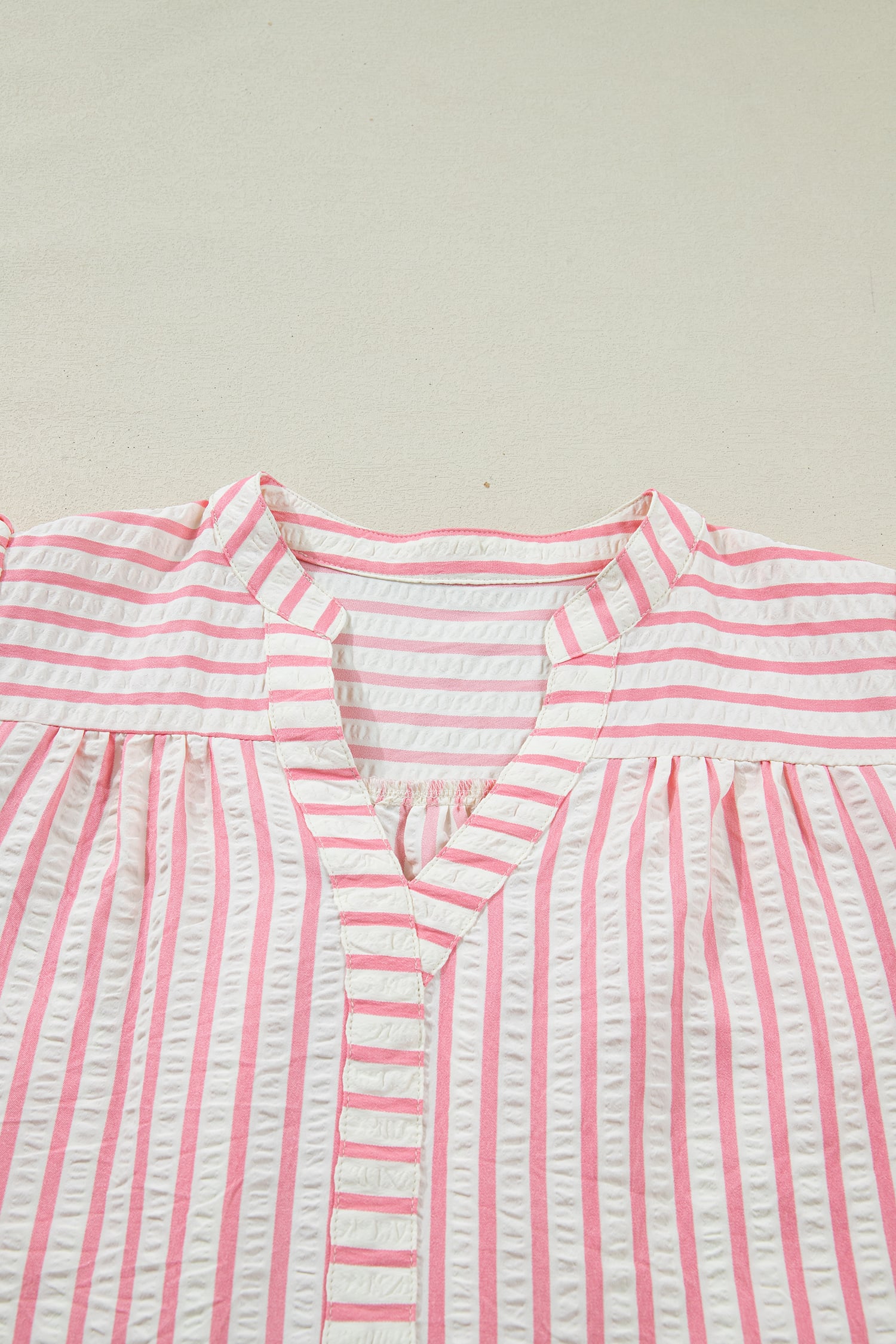 Pink Stripe Print Floral Embroidered Puff Sleeve V Neck Blouse