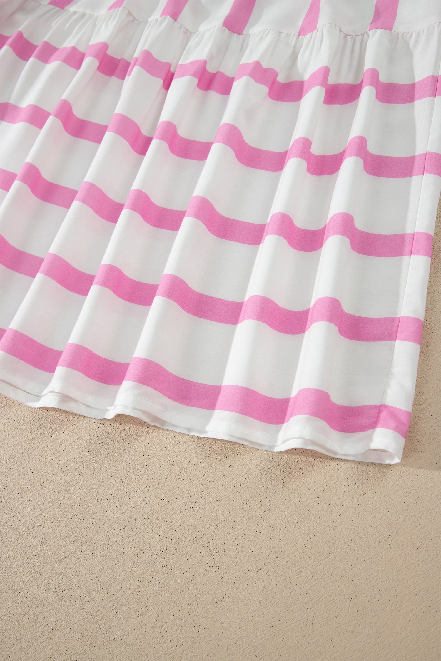 Pink Stripe Ricrac Trim Notched Neck Half Sleeve Vacation Dress