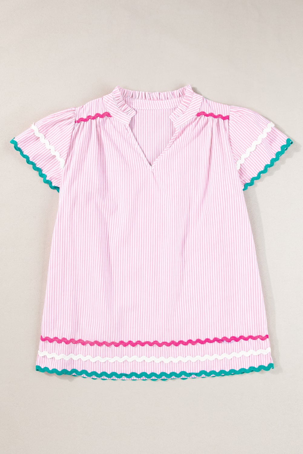 Pink Stripe Ricrac Trim Split Neck Striped Ruffled Sleeve Blouse