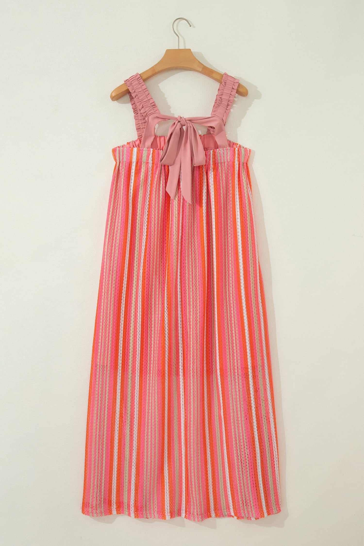 Pink Stripe Ruffled Straps Ribbon Knot Flowy Vacation Maxi Dress