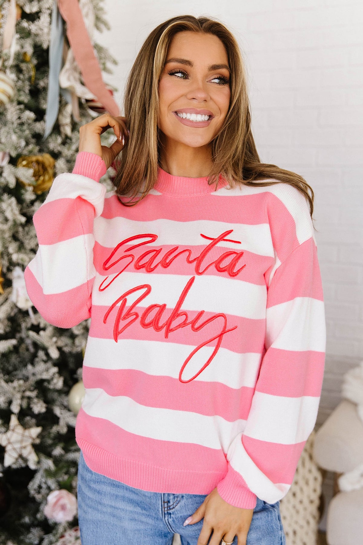 Pink Stripe Santa Baby Embroidered Christmas Slogan Drop Shoulder Pullover Sweater