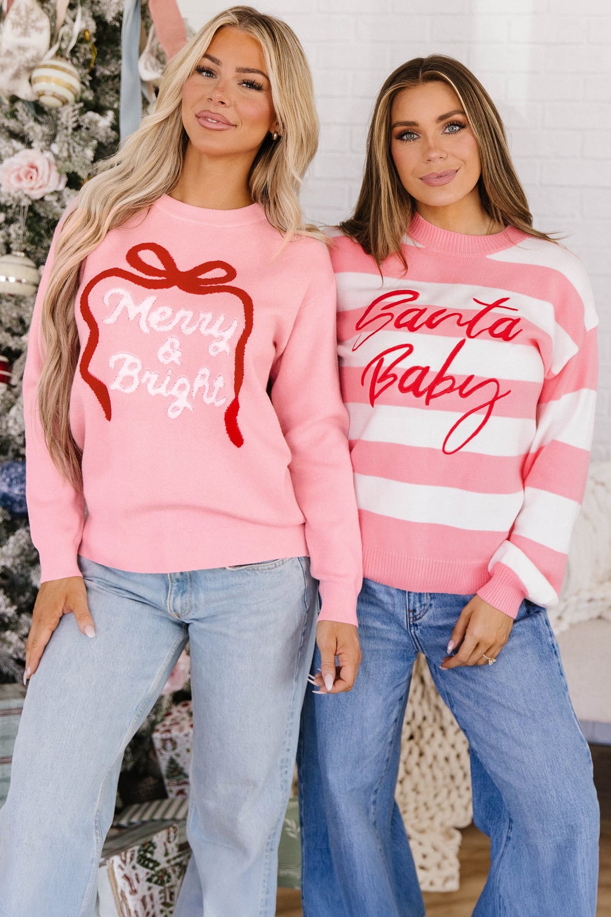 Pink Stripe Santa Baby Embroidered Christmas Slogan Drop Shoulder Pullover Sweater