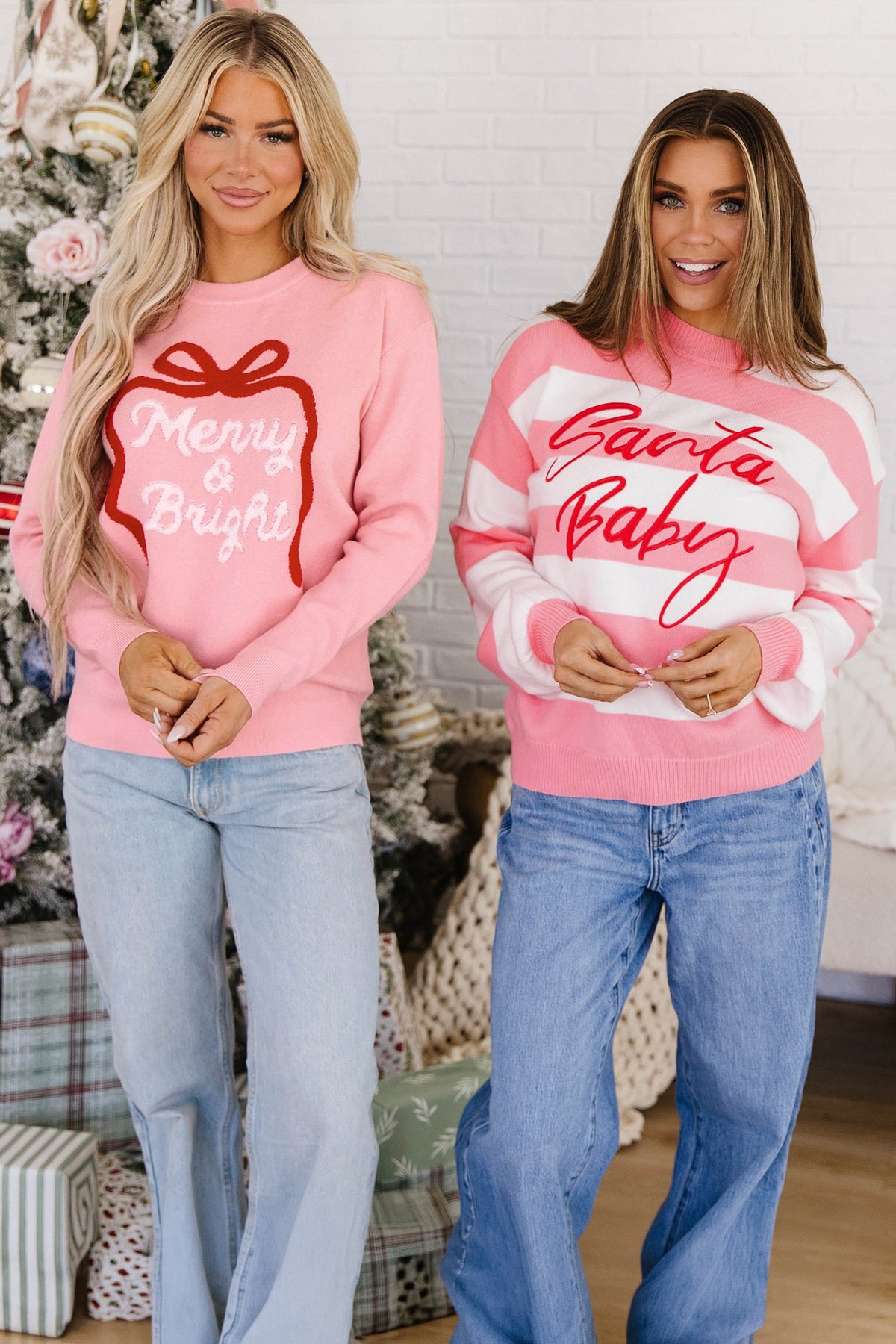 Pink Stripe Santa Baby Embroidered Christmas Slogan Drop Shoulder Pullover Sweater