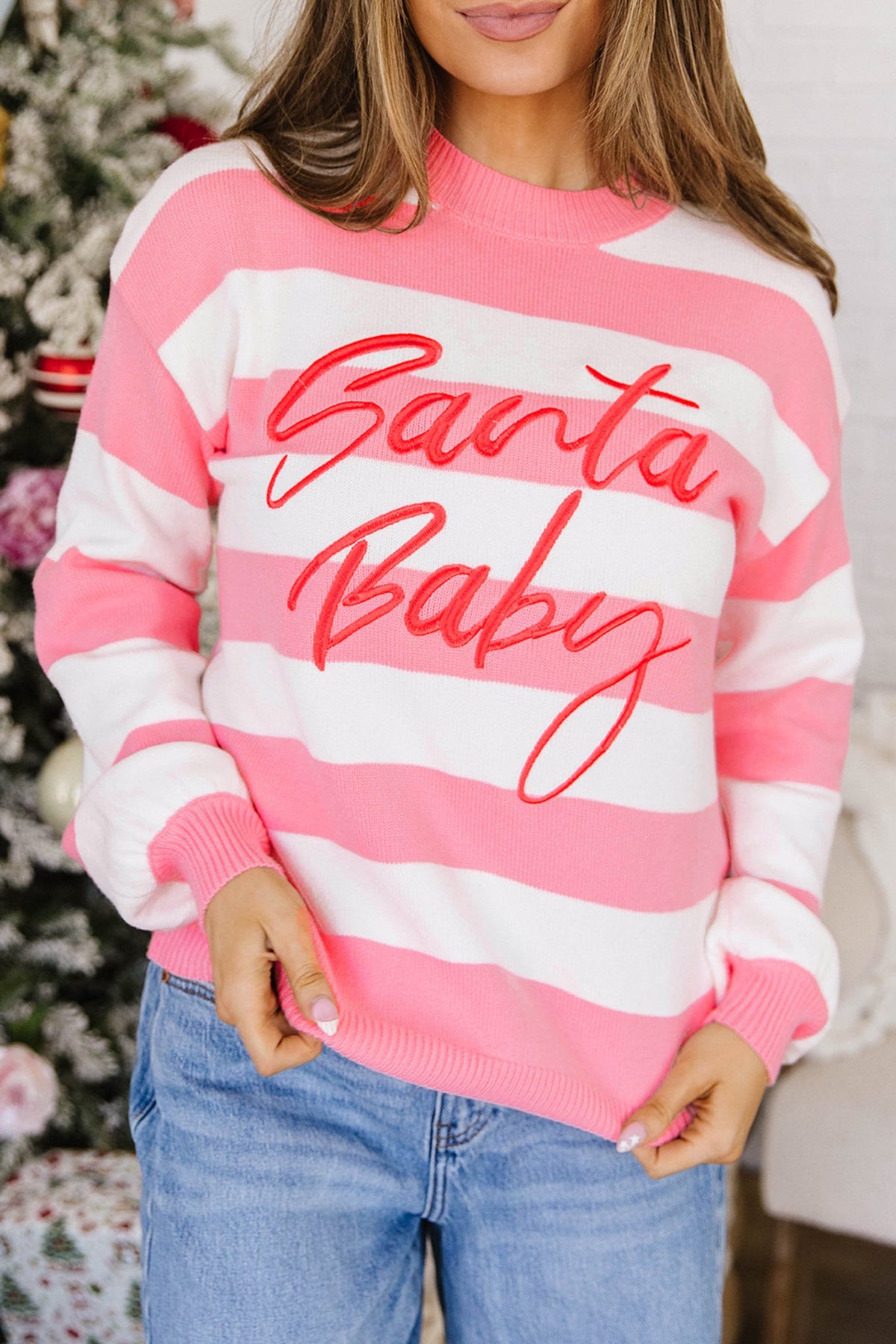 Pink Stripe Santa Baby Embroidered Christmas Slogan Drop Shoulder Pullover Sweater