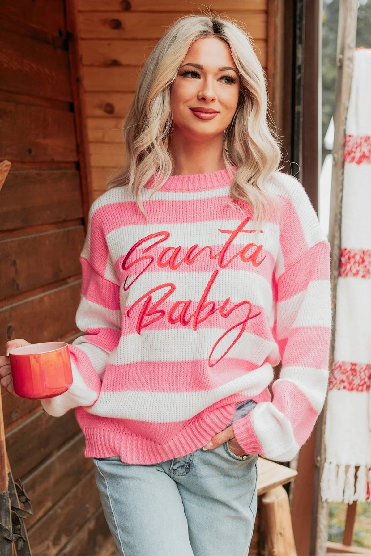 Pink Stripe Santa Baby Embroidered Christmas Slogan Drop Shoulder Pullover Sweater