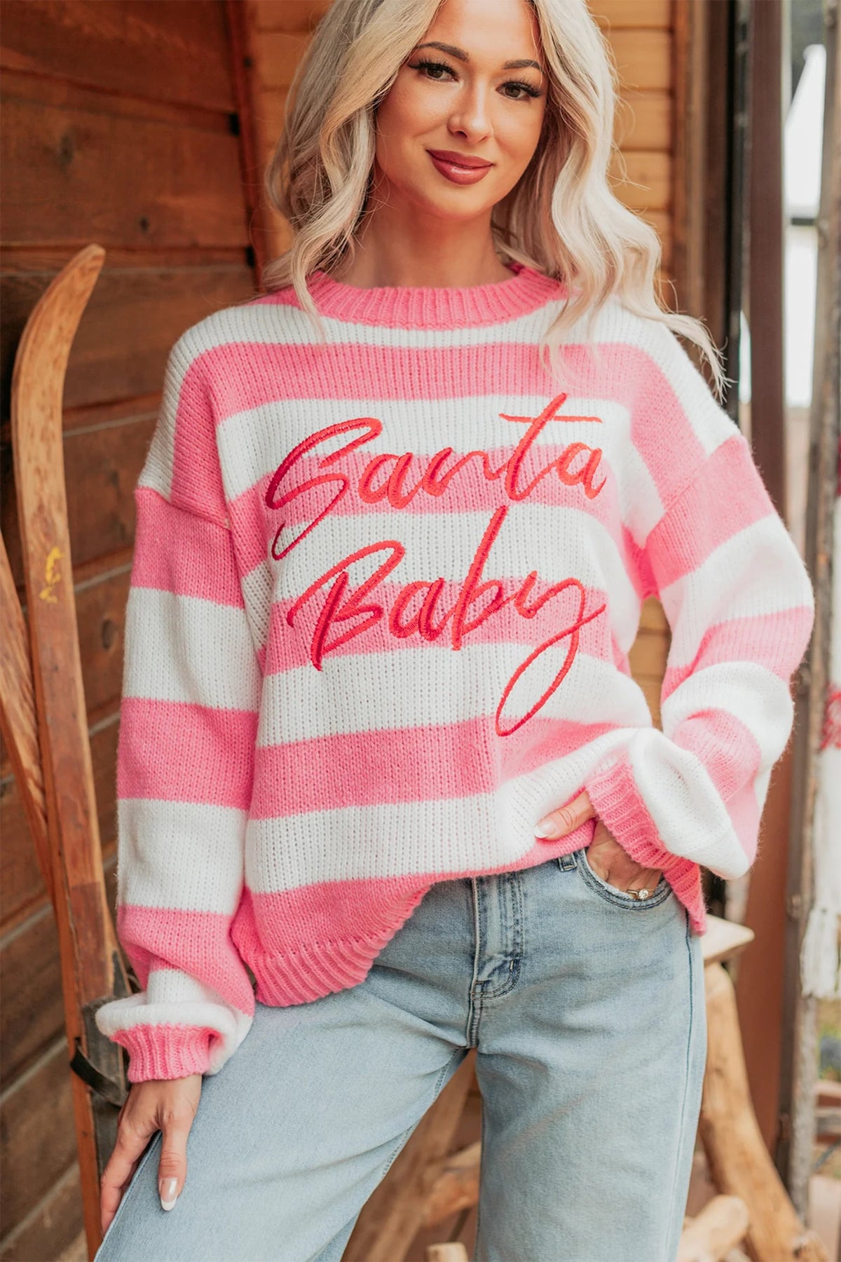 Pink Stripe Santa Baby Embroidered Christmas Slogan Drop Shoulder Pullover Sweater