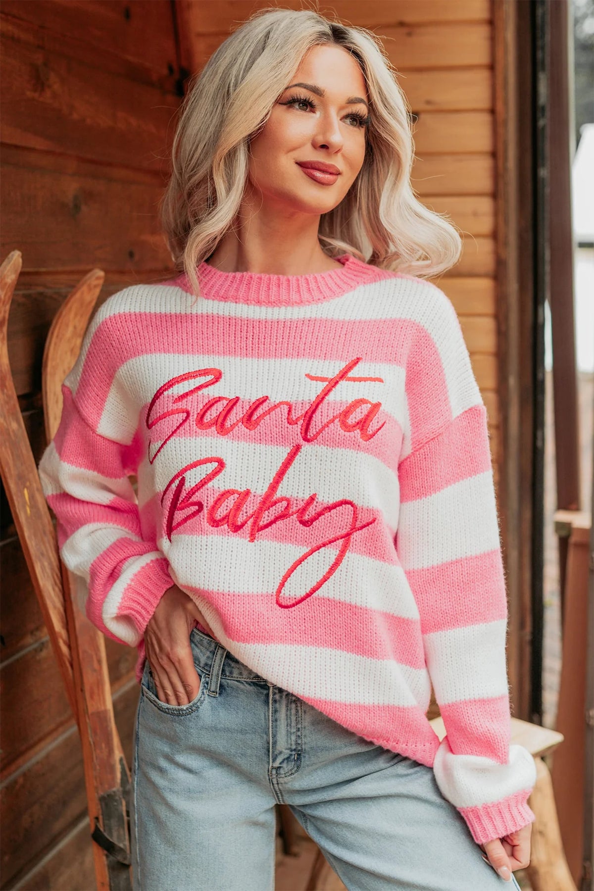 Pink Stripe Santa Baby Embroidered Christmas Slogan Drop Shoulder Pullover Sweater
