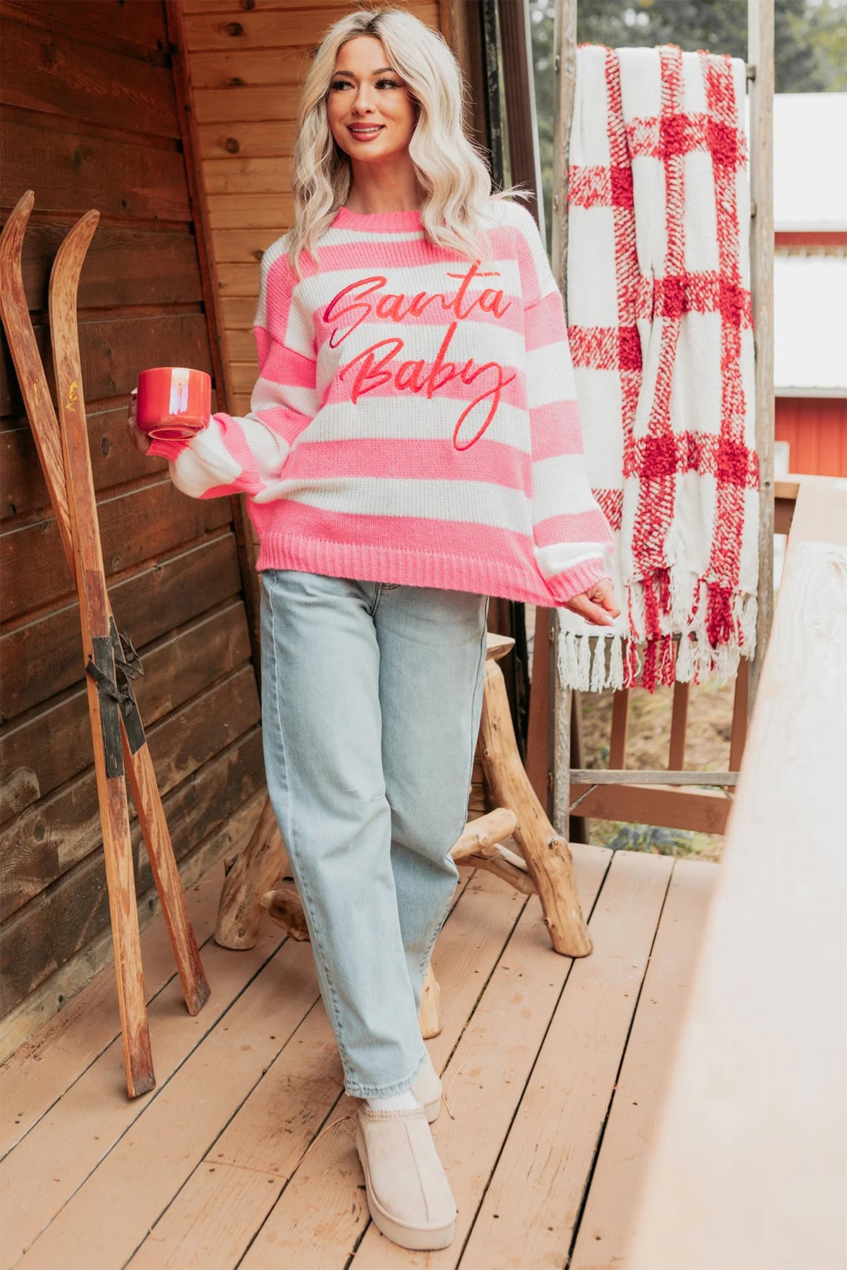 Pink Stripe Santa Baby Embroidered Christmas Slogan Drop Shoulder Pullover Sweater