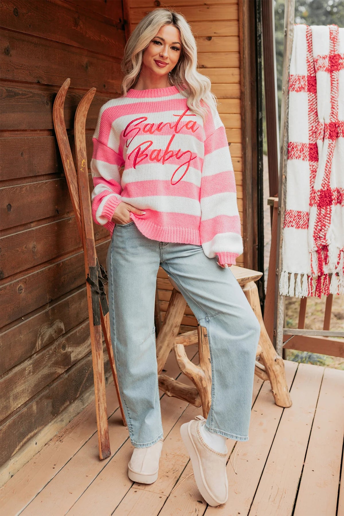 Pink Stripe Santa Baby Embroidered Christmas Slogan Drop Shoulder Pullover Sweater