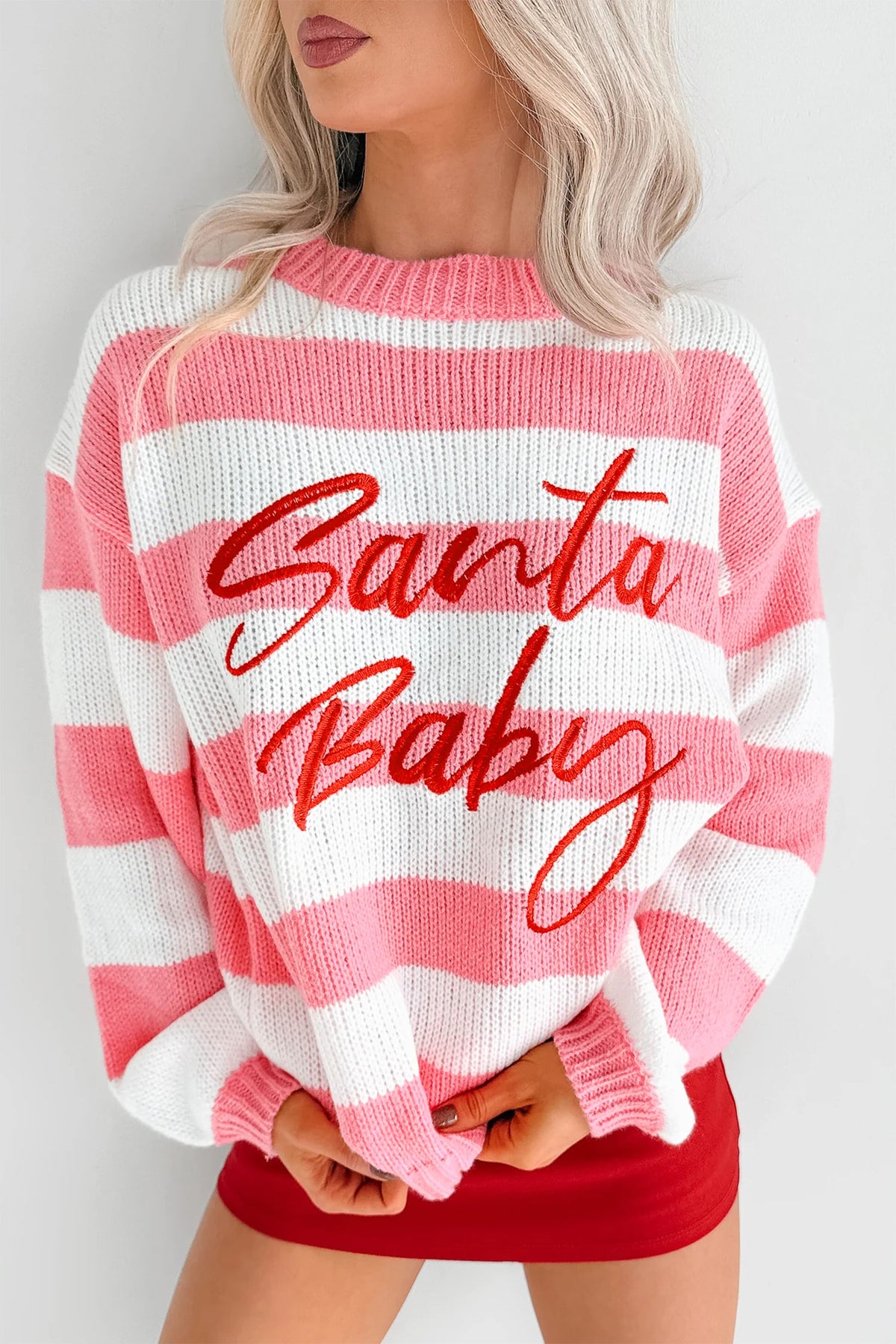 Pink Stripe Santa Baby Embroidered Christmas Slogan Drop Shoulder Pullover Sweater