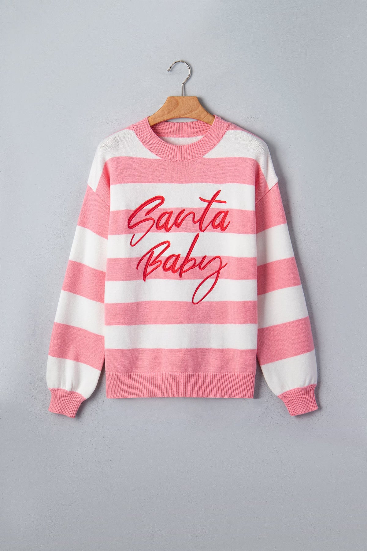 Pink Stripe Santa Baby Embroidered Christmas Slogan Drop Shoulder Pullover Sweater