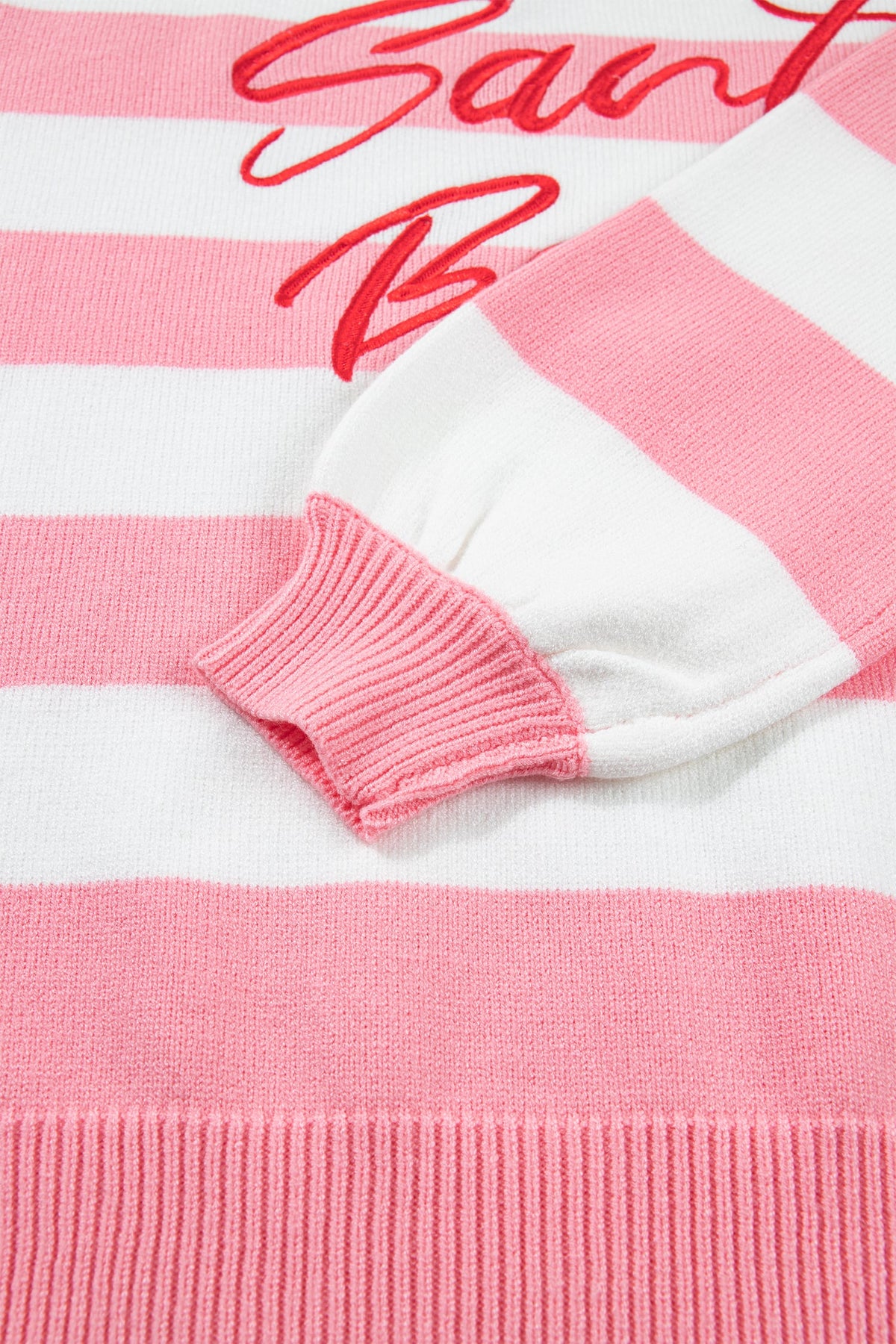Pink Stripe Santa Baby Embroidered Christmas Slogan Drop Shoulder Pullover Sweater