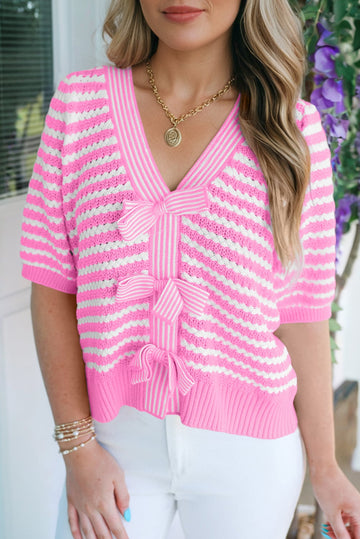 Pink Stripe Short Sleeve Knit V Neck Bow Knot Sweater