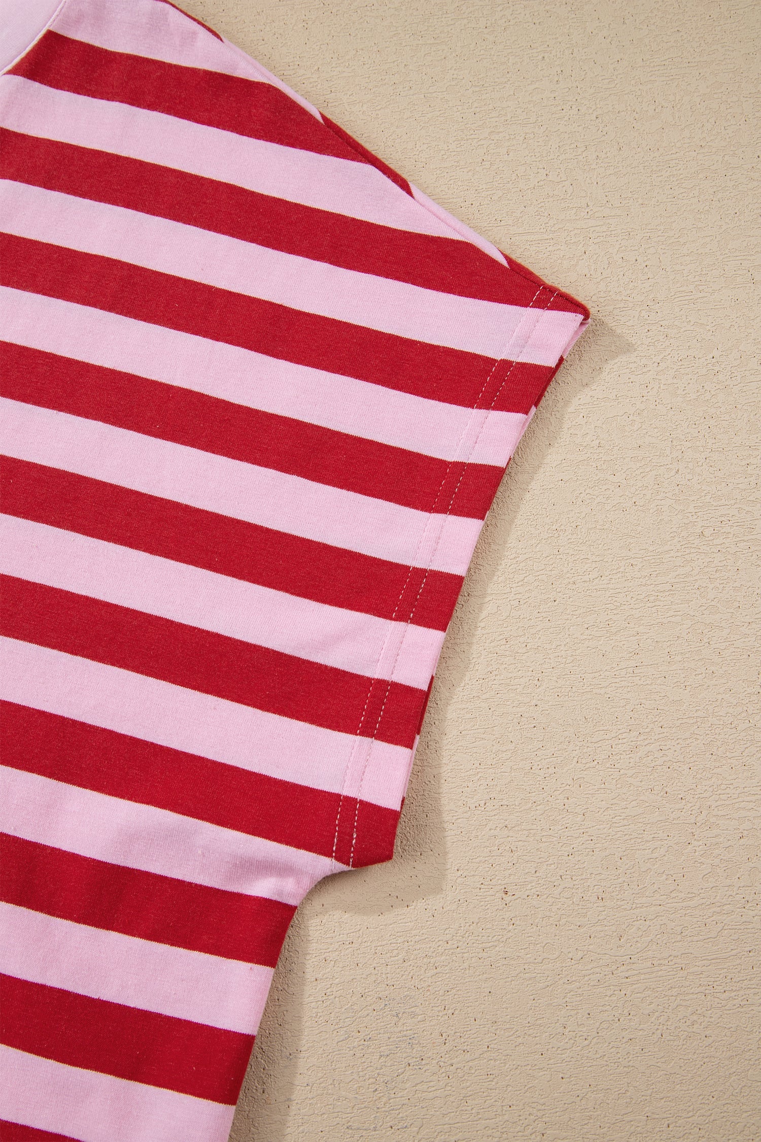 Pink Stripe Split V Neck Casual T Shirt