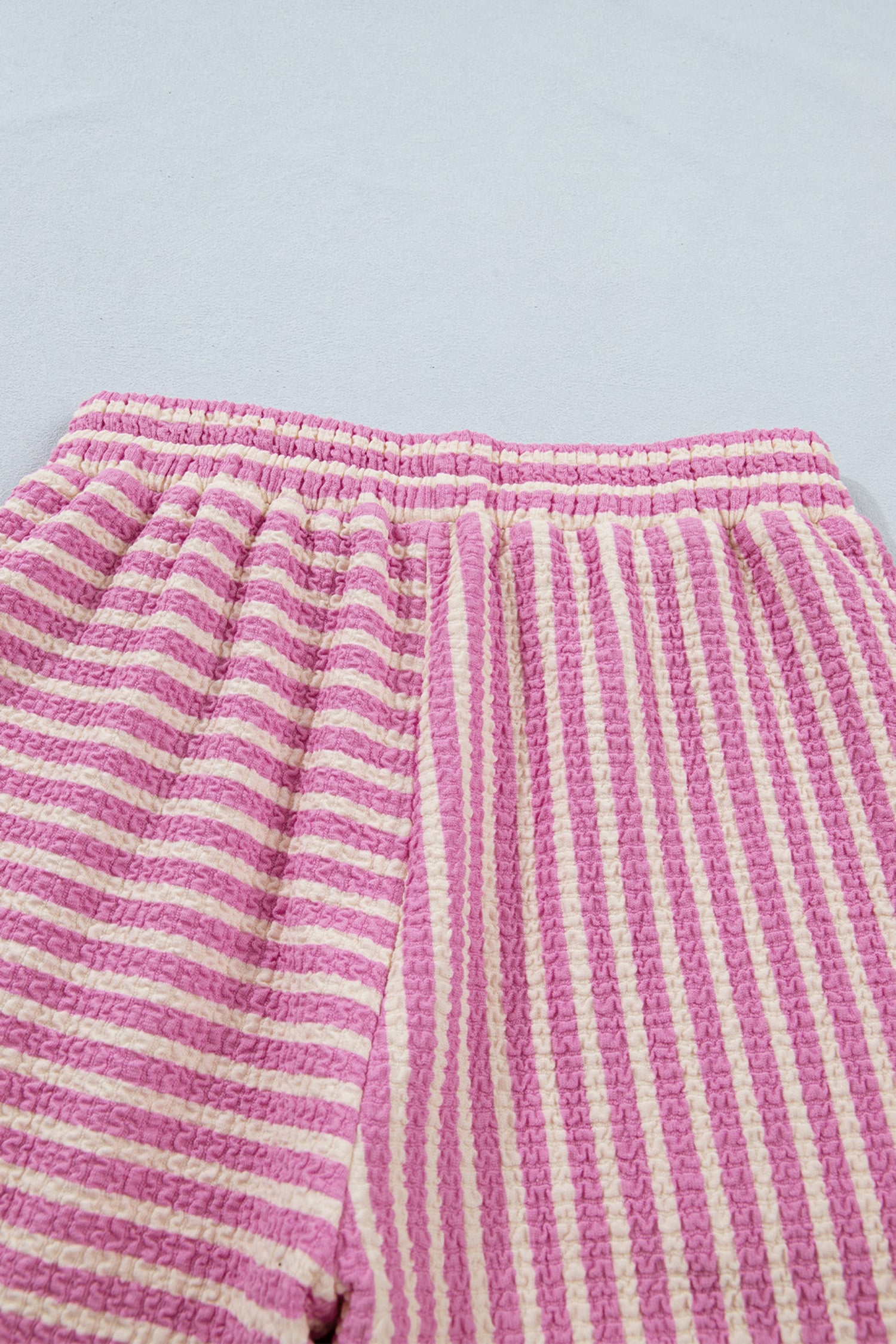 Pink Stripe Textured Contrast Trim Casual Tank and Shorts Set
