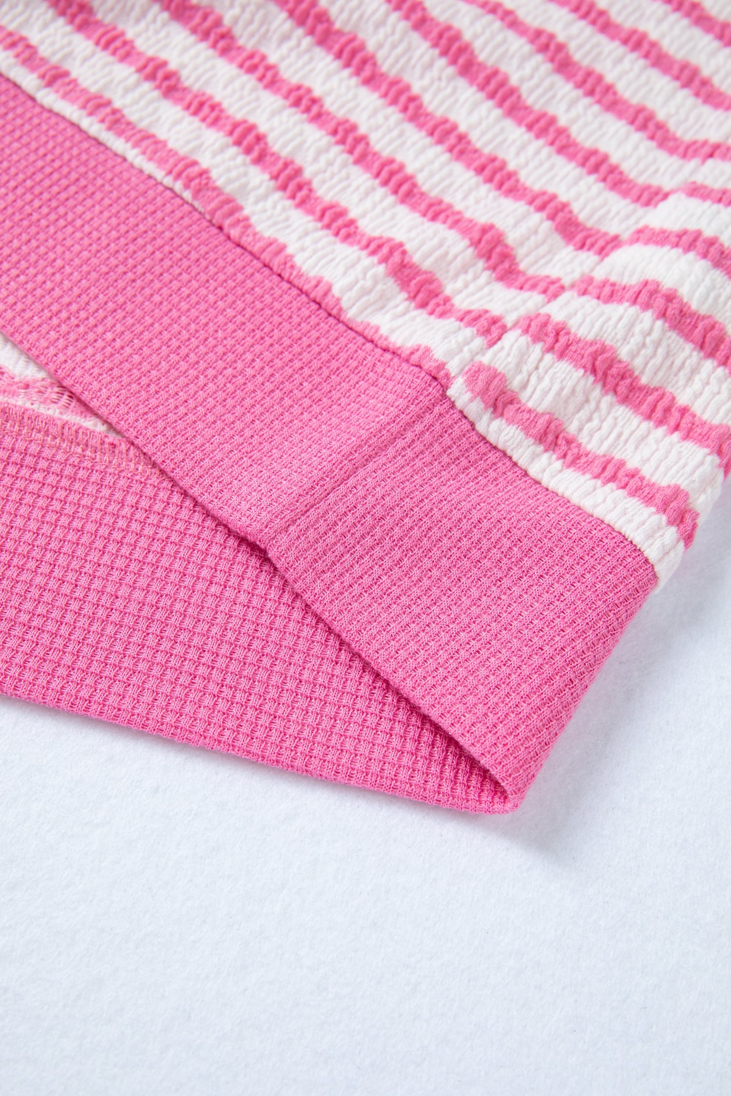 Pink Stripe Textured Knit Contrast Trim V Neck Short Sleeve Top