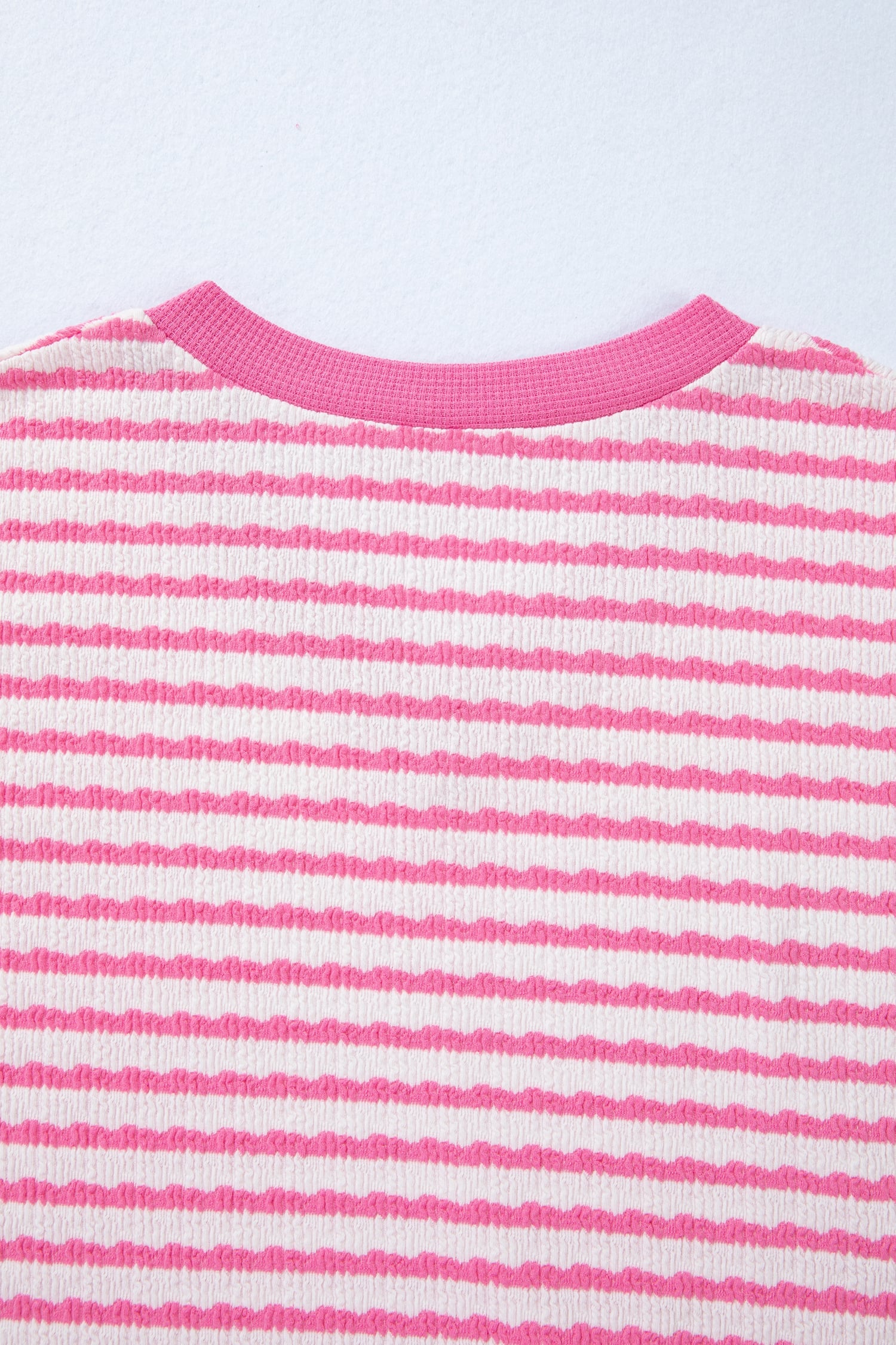 Pink Stripe Textured Knit Contrast Trim V Neck Short Sleeve Top