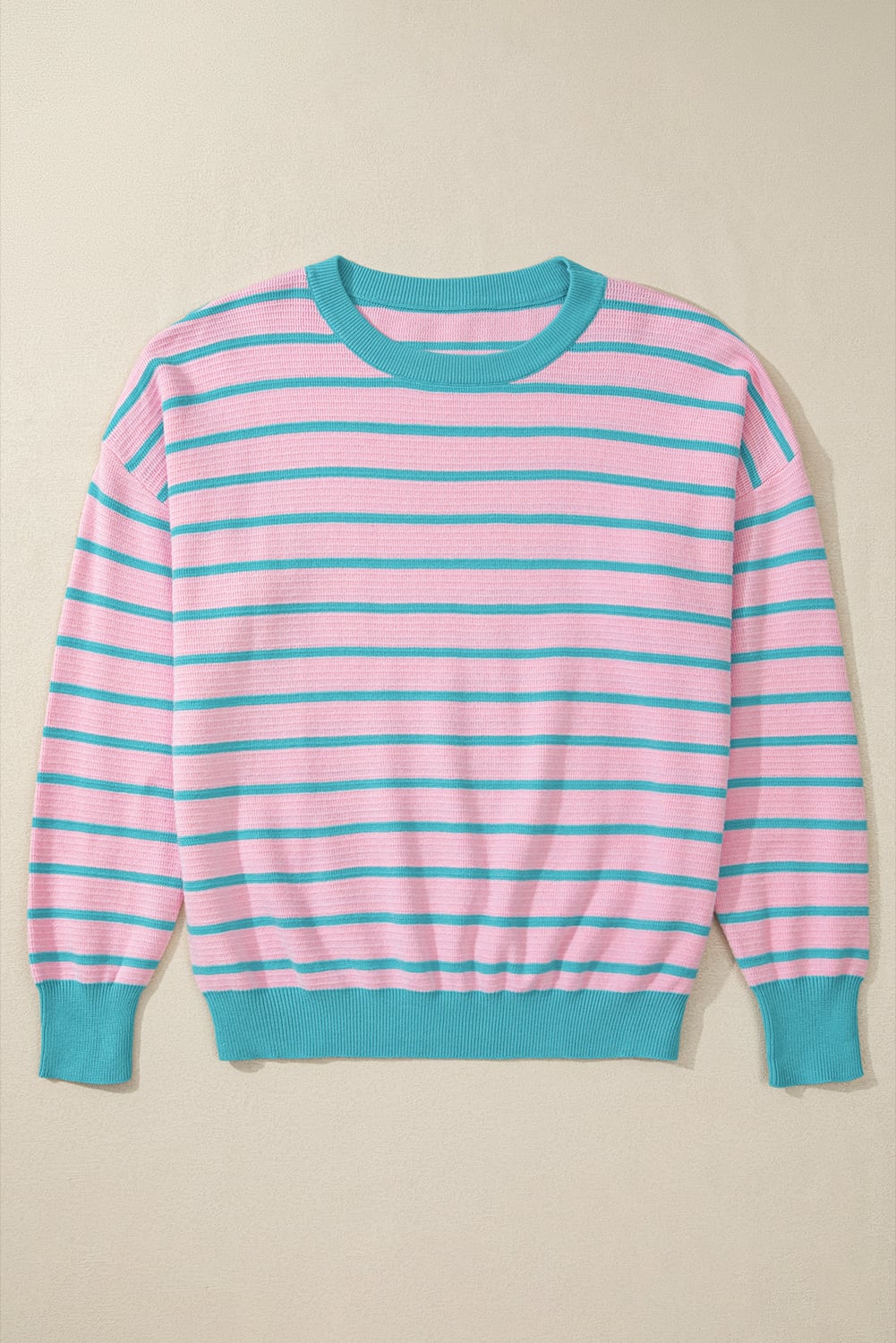Pink Stripe Trimmed Round Neck Drop Shoulder Loose Sweater