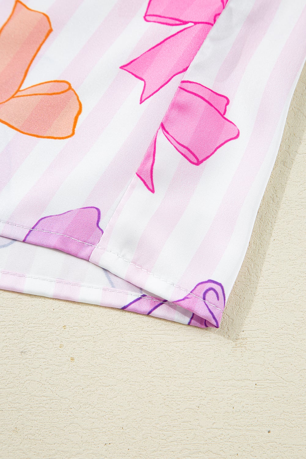 Pink Striped Bow Print Contrast Piping Trim Shirt and Pants 2pcs Pajama Set