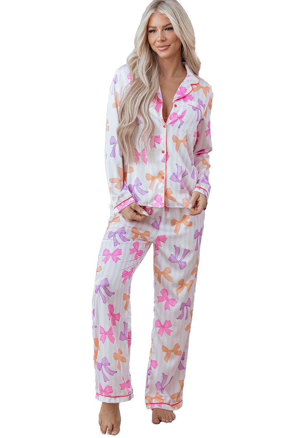 Pink Striped Bow Print Contrast Piping Trim Shirt and Pants 2pcs Pajama Set