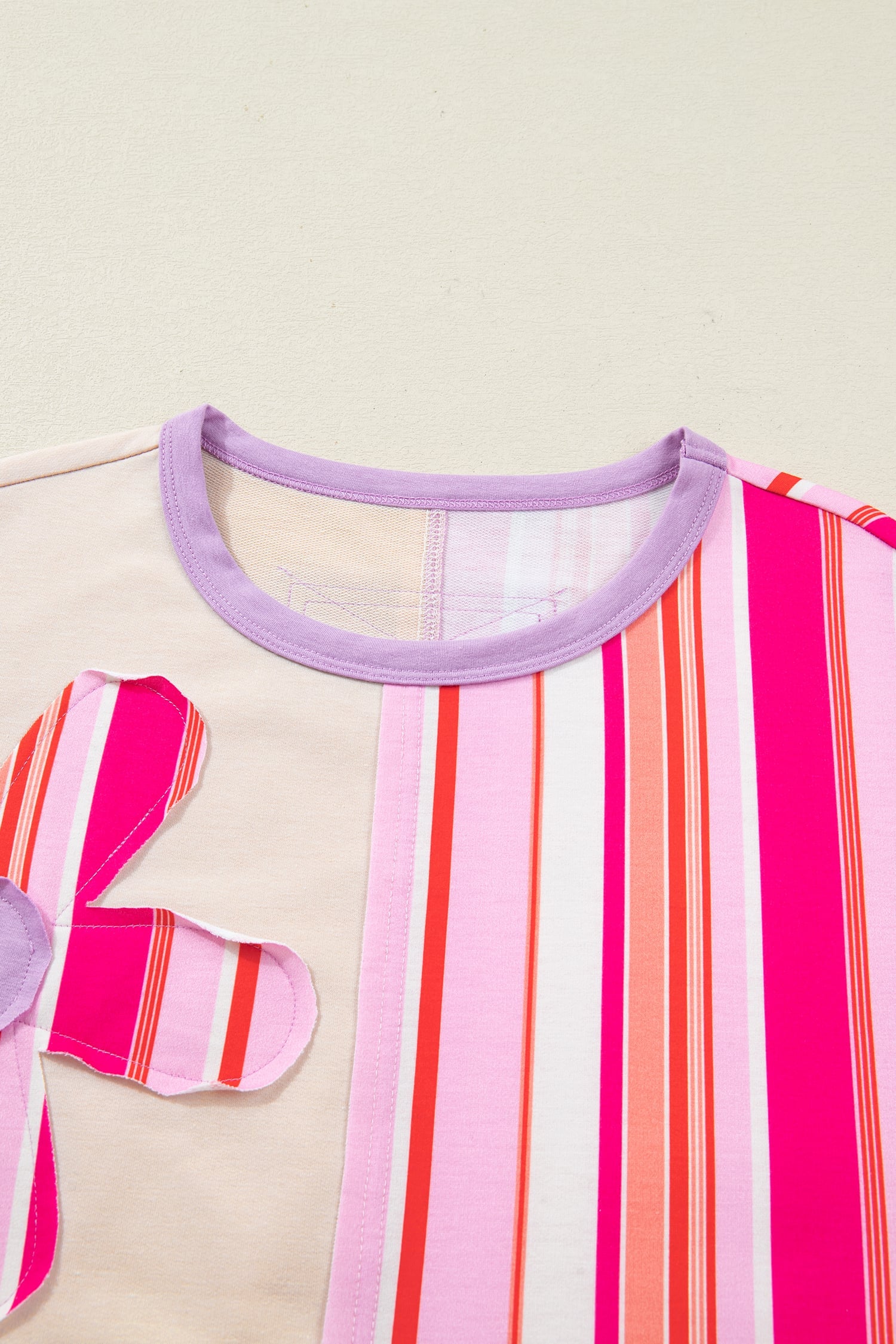Pink Striped Color Block Flower Patched Half Sleeve Loose Top