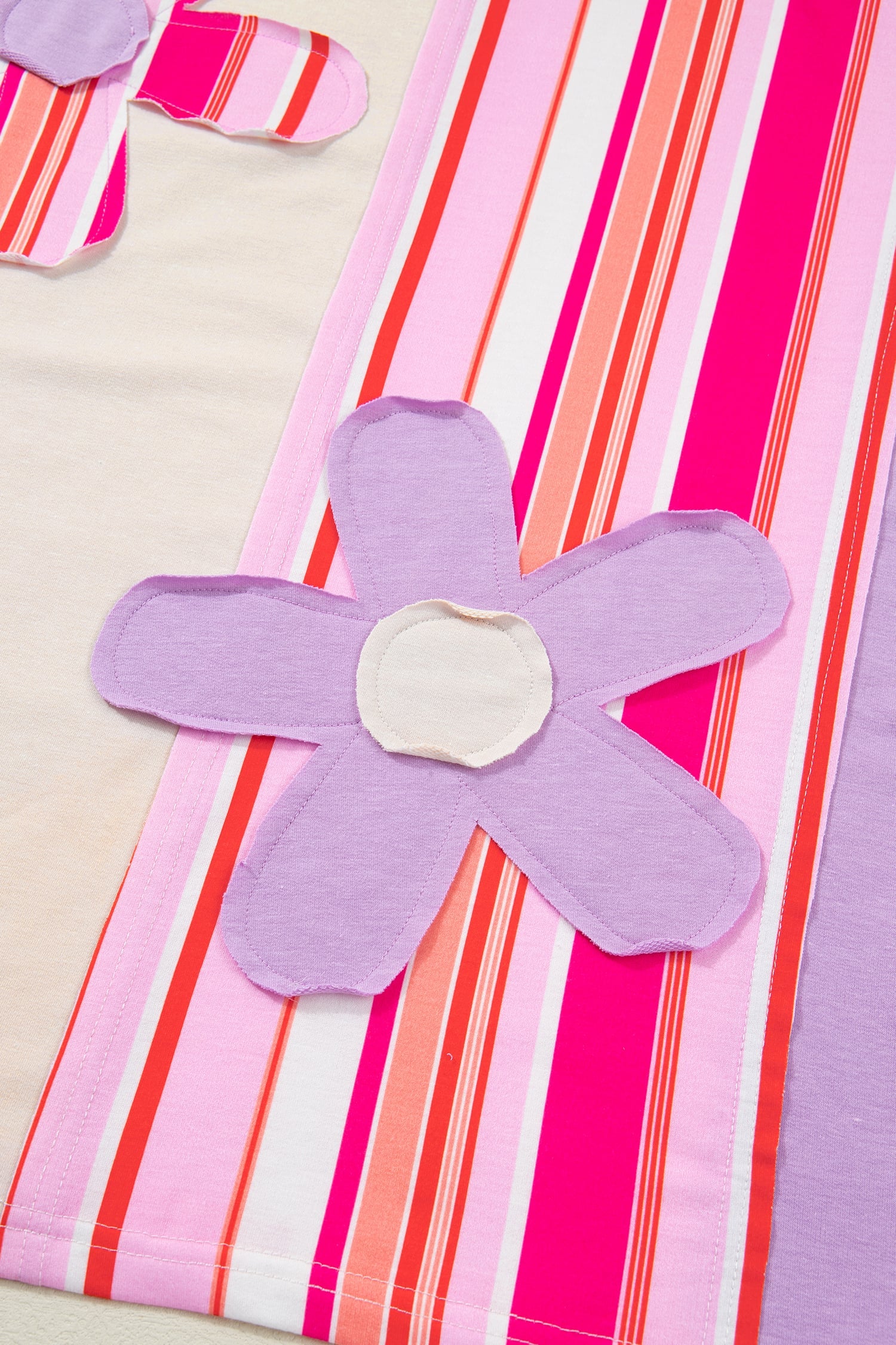 Pink Striped Color Block Flower Patched Half Sleeve Loose Top