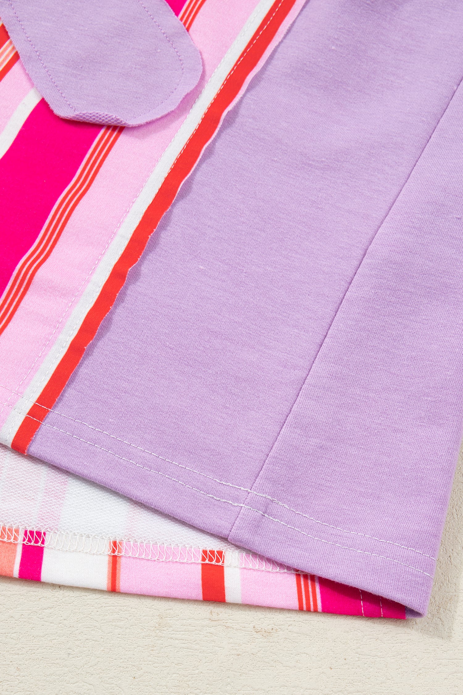 Pink Striped Color Block Flower Patched Half Sleeve Loose Top