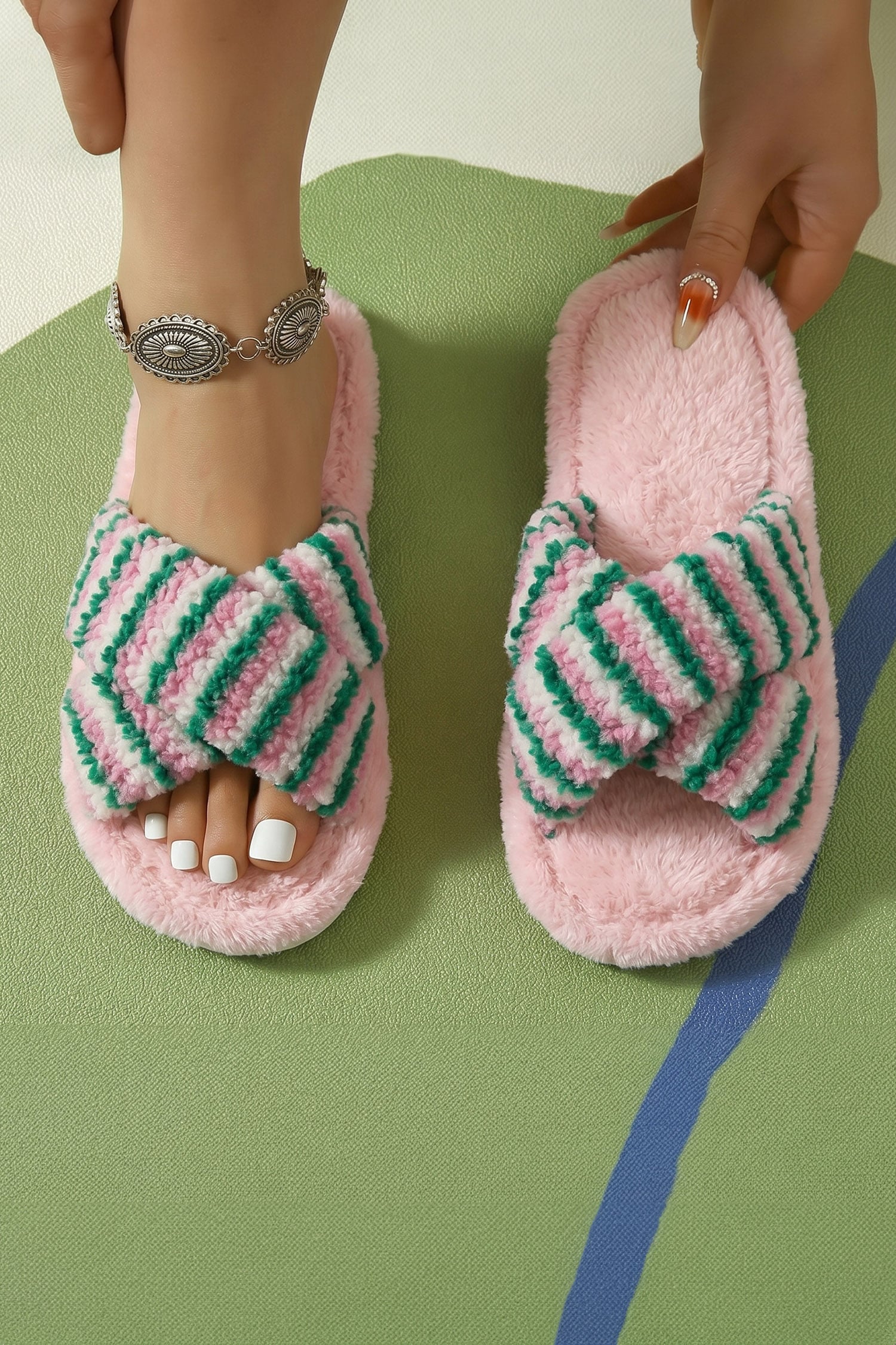 Pink Striped Cross Band Soft Plush Open Toe Slippers