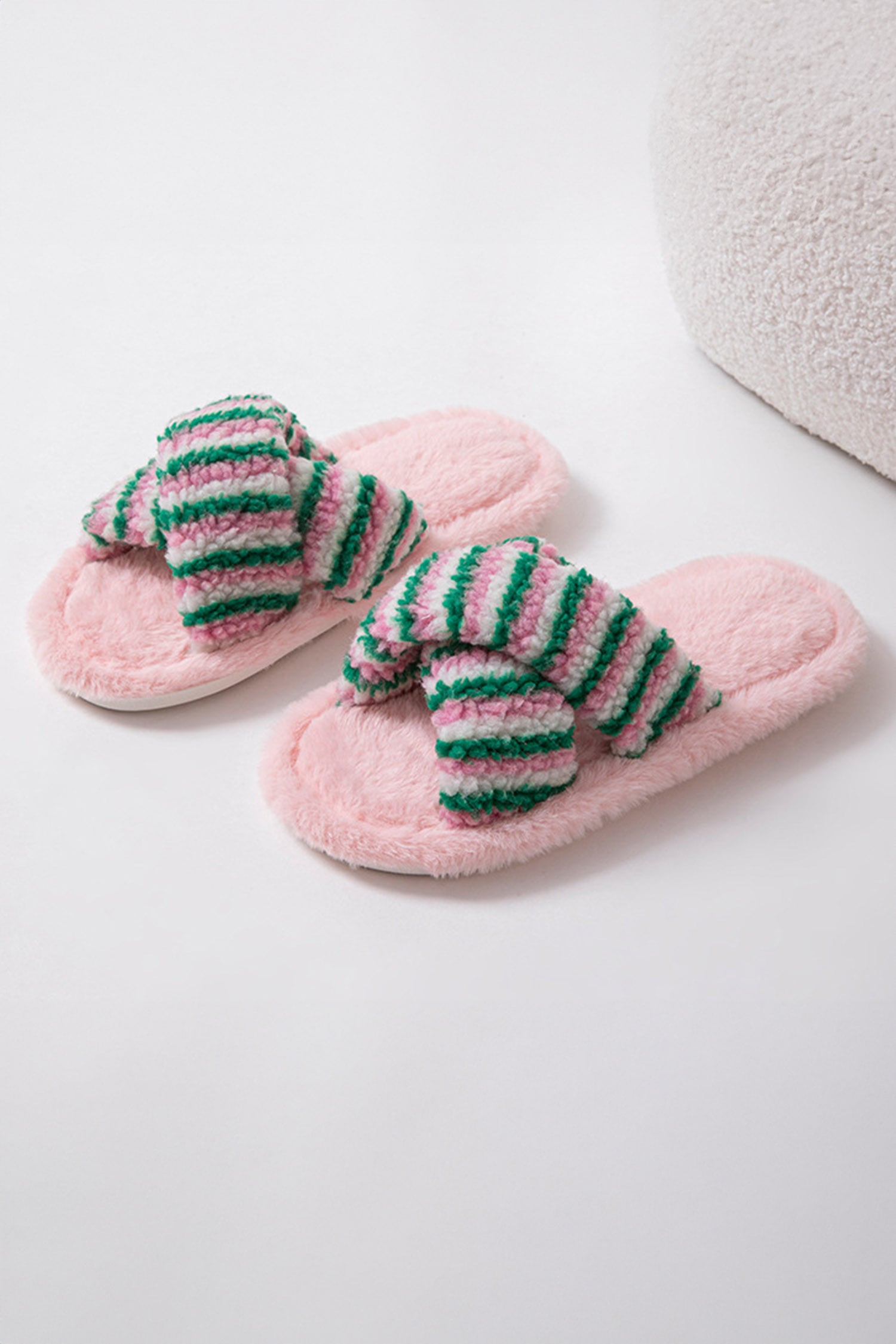 Pink Striped Cross Band Soft Plush Open Toe Slippers