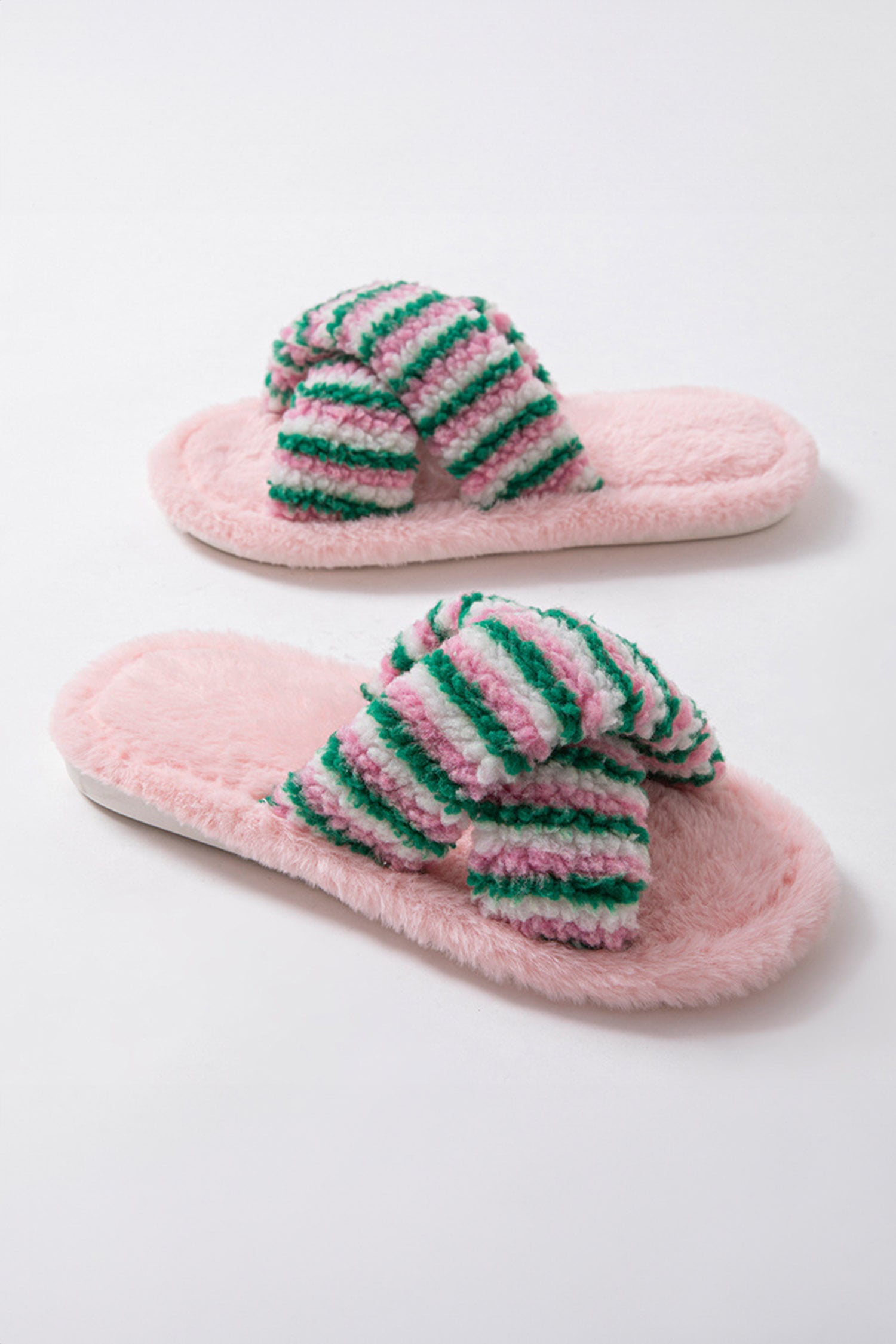 Pink Striped Cross Band Soft Plush Open Toe Slippers