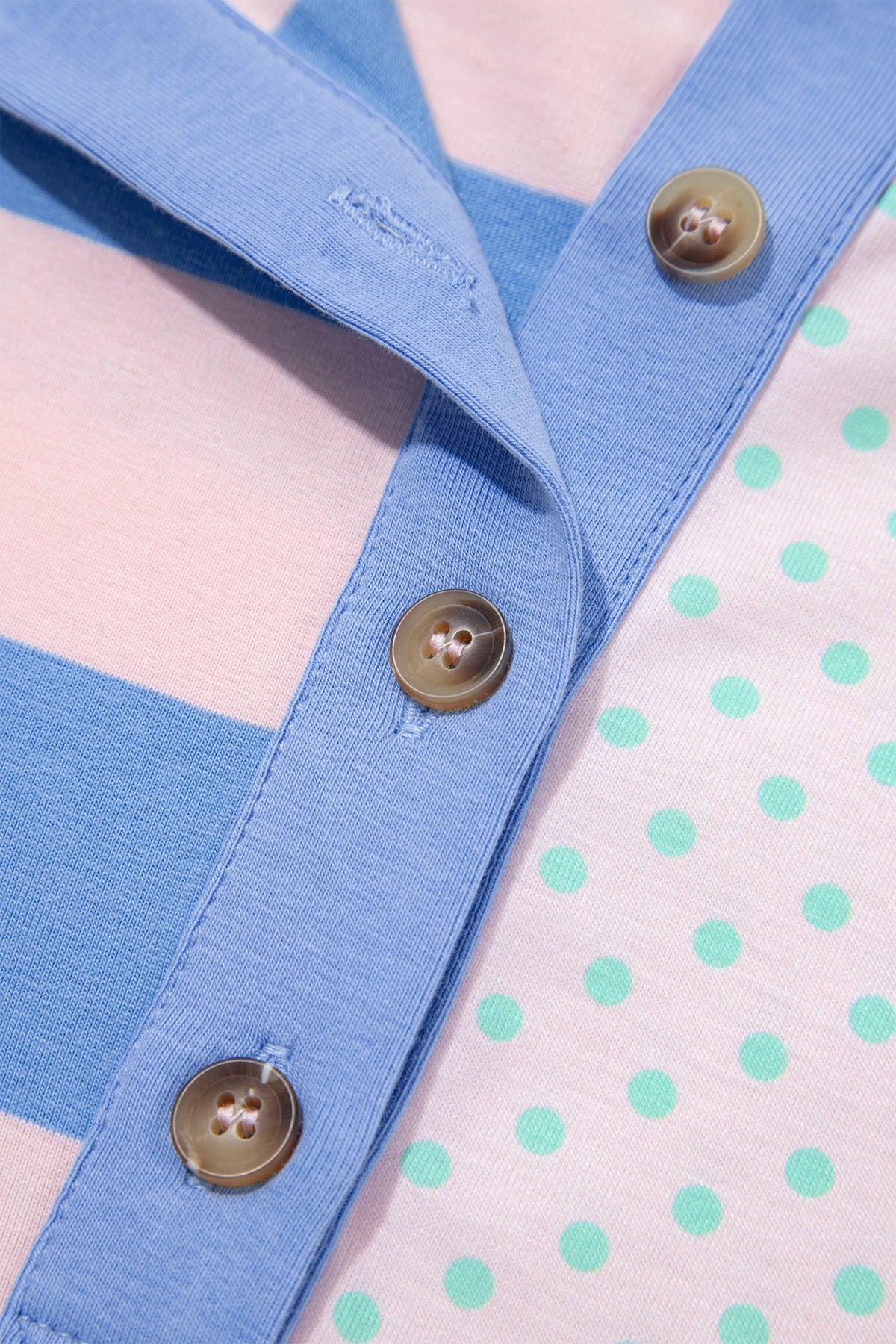 Pink Striped Polka Dot Patchwork Polo Collar Long Sleeve Top