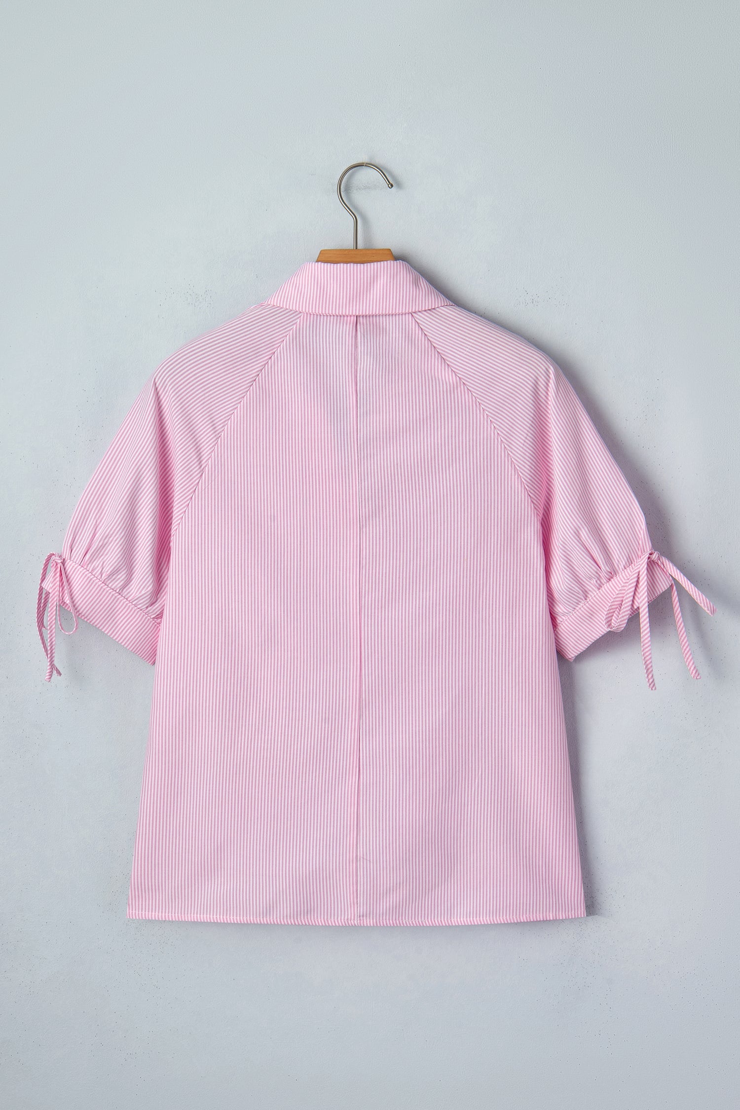 Pink Striped Print Collared Split Neck Half Sleeve Blouse