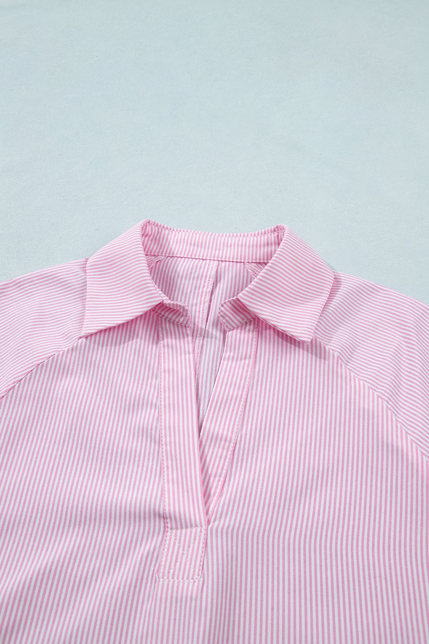 Pink Striped Print Collared Split Neck Half Sleeve Blouse